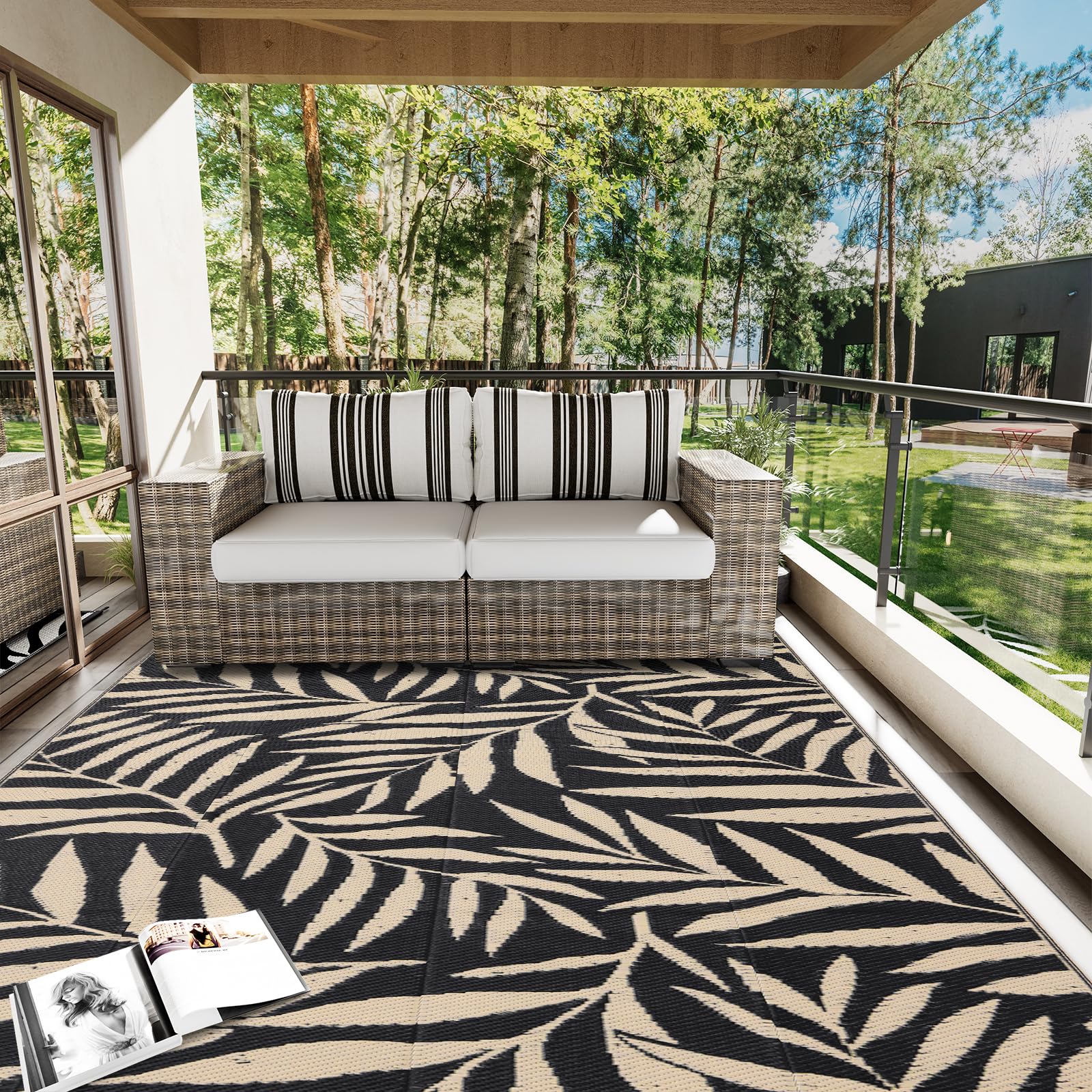 OLANLY Waterproof Outdoor Rug 5x8 ft, Reversible Outdoor Plastic Straw Rug with Leaf Pattern, RV Mat, Indoor Outdoor Carpet for Patio, Camping, Balcony, Deck, Backyard, Grey & White