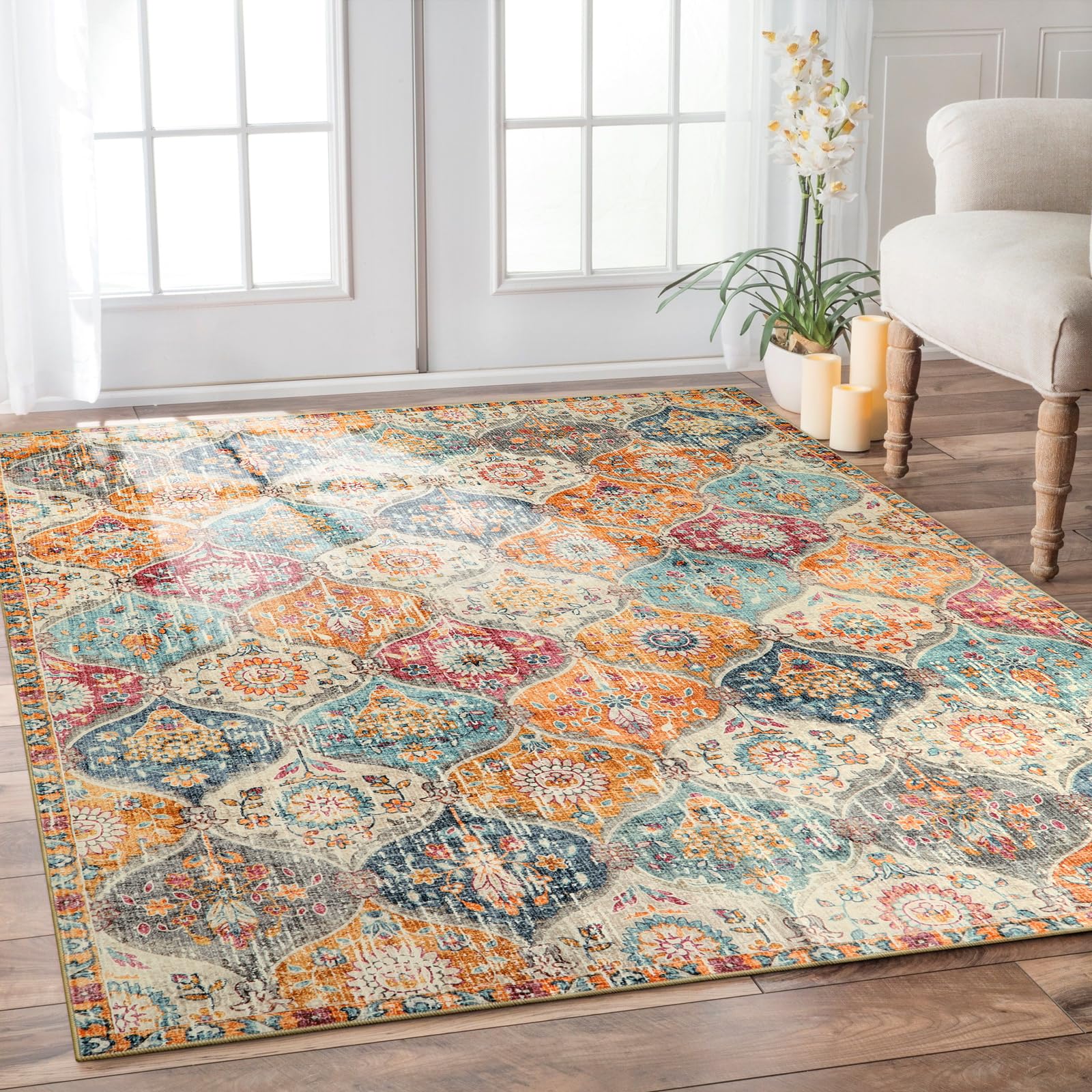 Lahome Moroccan Trellis Washable Rug, 2x3 Kitchen Rugs for Entryway Bathroom, Non-Slip Indoor Door Mat Ultra-Thin, Small Oriental Throw Carpet for Bedroom Entry Elise, Cream/Multi