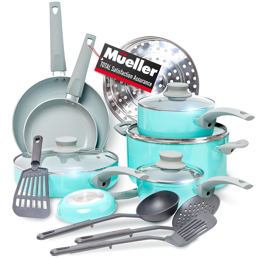 Mueller Pots and Pans Set 17-Piece, Ultra-Clad Pro Stainless Steel Cookware Set, Ergonomic EverCool Handle, Induction Cookware, Includes Saucepans, Skillets, Dutch Oven, Stockpot, Steamer For Cooking