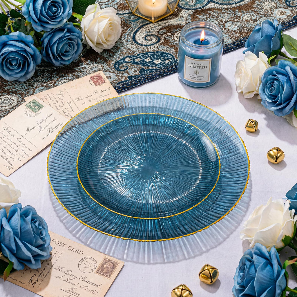 DaYammi 60Pcs Sage Green Plastic Plates with Gold Rim,Disposable Plates Set Includes 30 Dinner Plate & 30 Salad Plate,Fancy Green Party Plates with Radial Texture for Party Wedding Dinner
