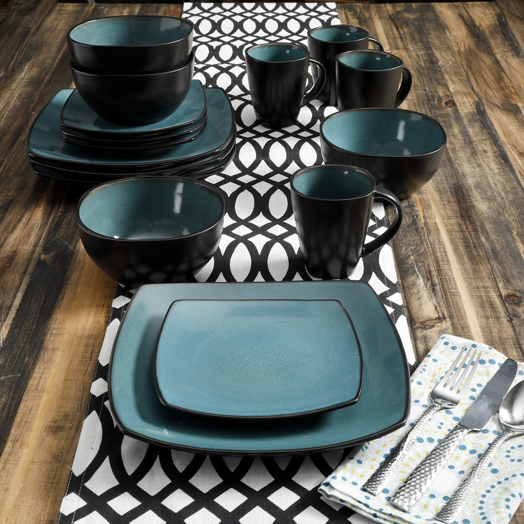 Gibson Elite Soho Lounge Square 16-Piece Dinnerware Set, Service for 4, Reactive Glaze Stoneware Plates and Bowls, Modern Dishes, Microwave & Dishwasher Safe – Red and Black