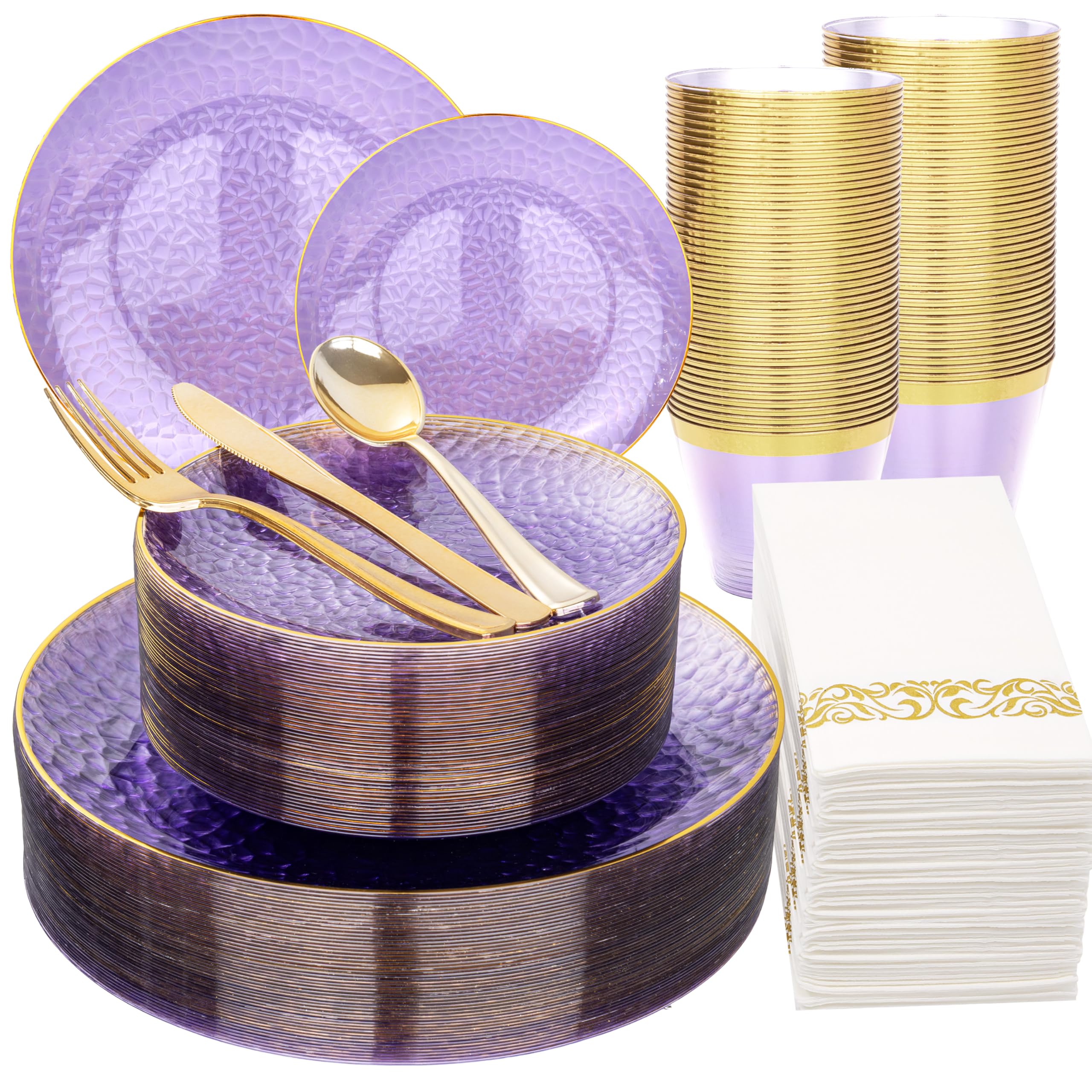DaYammi 350PCS Clear Gold Plastic Dinnerware Set for 50 Guests, Hammered Disposable Plates for Party, Include: 50 Dinner Plates, 50 Dessert Plates, 150 Gold Silverware, 50 Napkins, 50 Cups