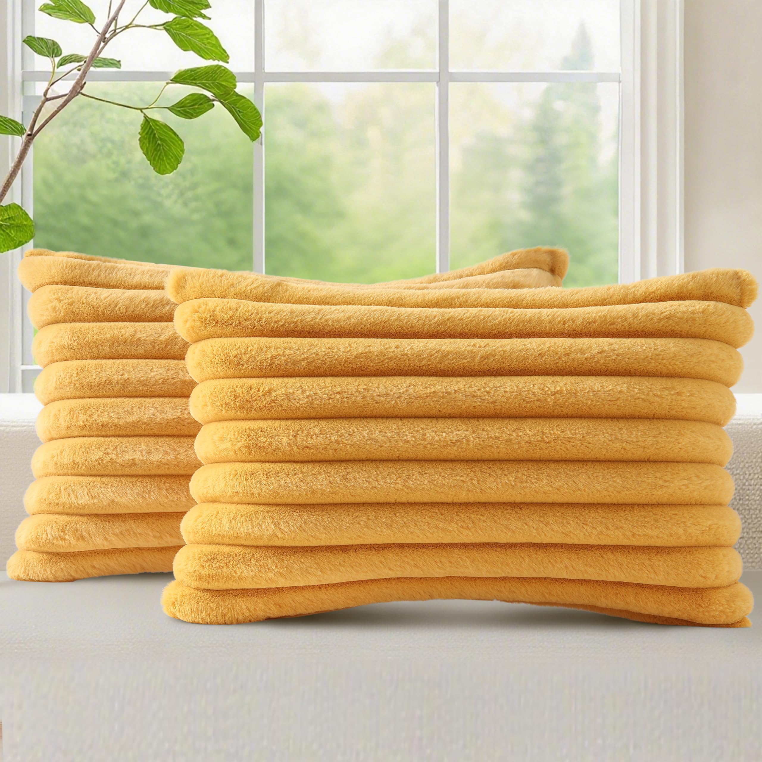 decorUhome Cozy Faux Fur Spring Throw Pillow Covers 18x18 Set of 2 Decorative Soft Plush Striped Modern Farmhouse Boho Couch Pillow Cases with Velvet Back for Sofa Bed Living Room, Cream White