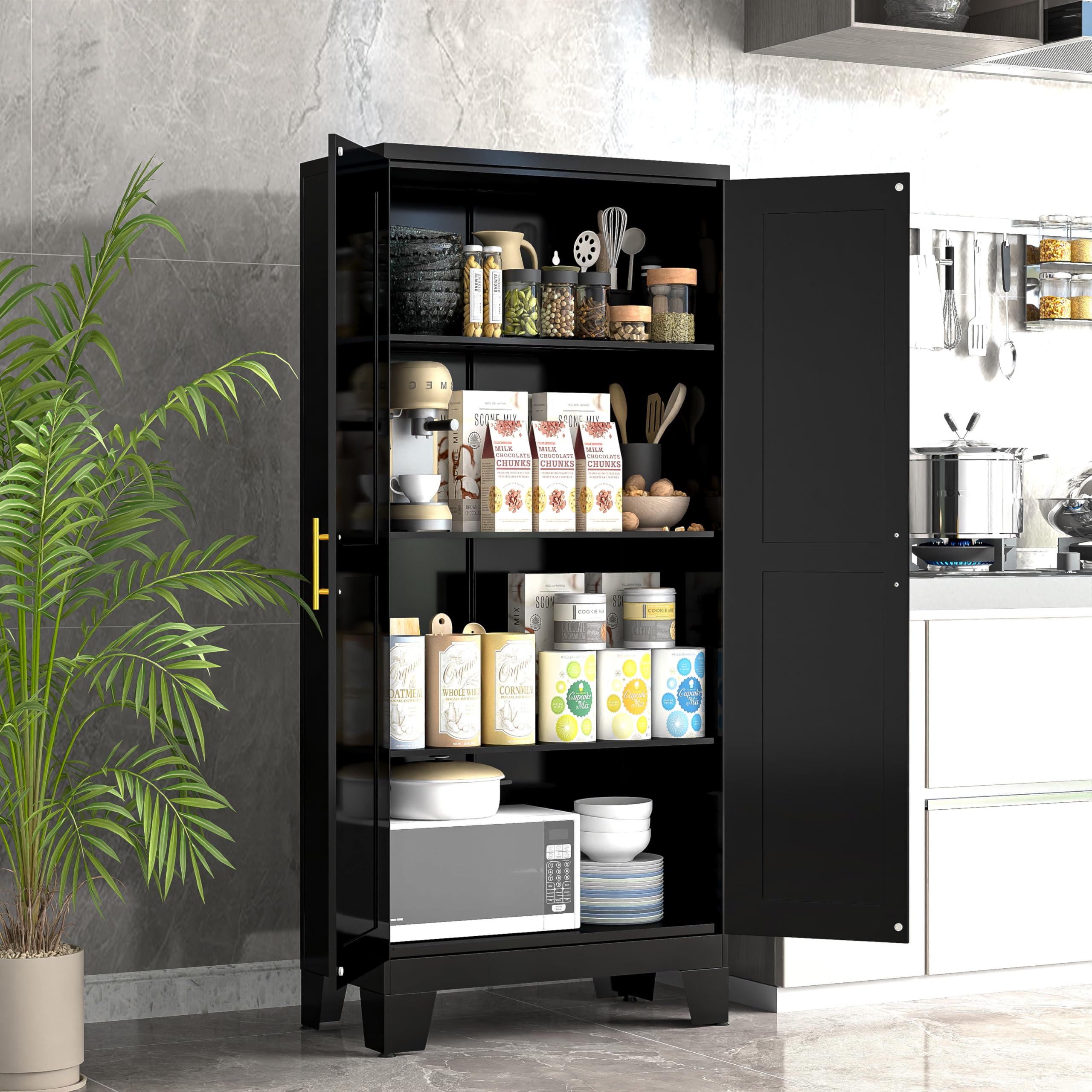 GAIOUS Metal Pantry Cabinet, Kitchen Pantry Storage Cabinets with 2 Door and 3 Adjustable Shelves, White Kitchen Pantry Cabinet, Freestanding Cupboard for Dining Room Living Room Bathroom