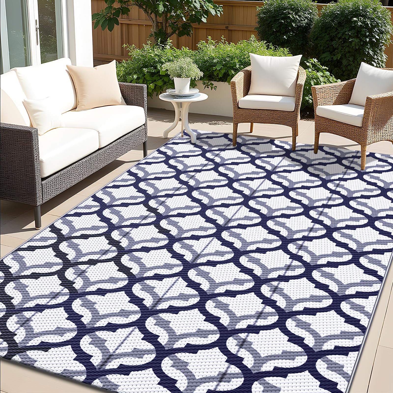OLANLY Waterproof Outdoor Rug 5x8 ft, Outdoor Plastic Straw Rug for Camping, RV Mat Outside, Indoor Outdoor Carpet for Porch, Deck, Backyard, Balcony, Picnic, Black & White