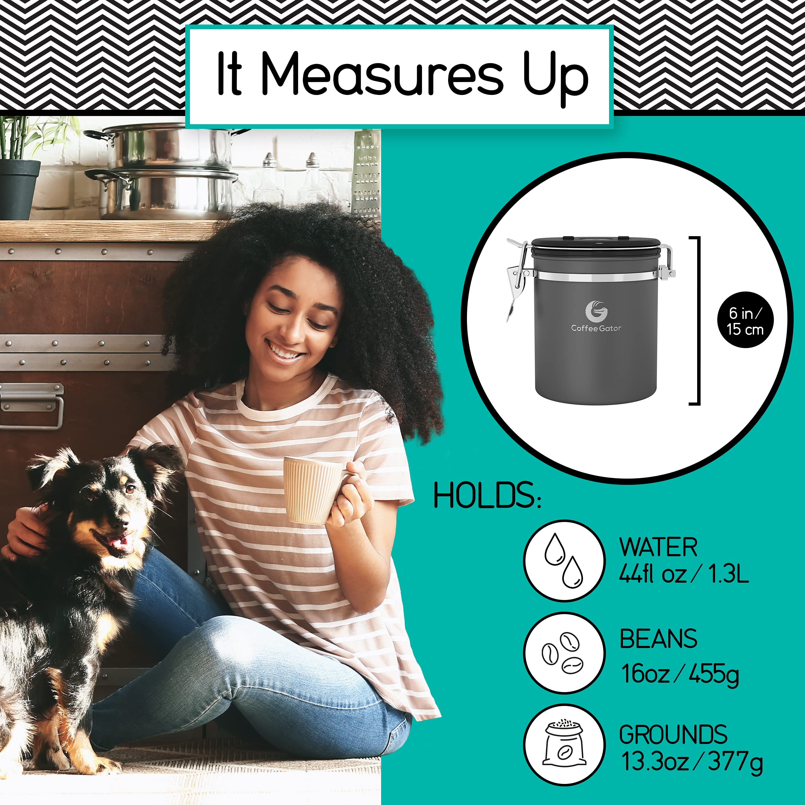 Coffee Gator Stainless Steel Canister - Medium 16oz, Gray Coffee Grounds and Beans Container with Date-Tracker, CO2-Release Valve, and Measuring Scoop - Ideal Coffee Lovers Gifts