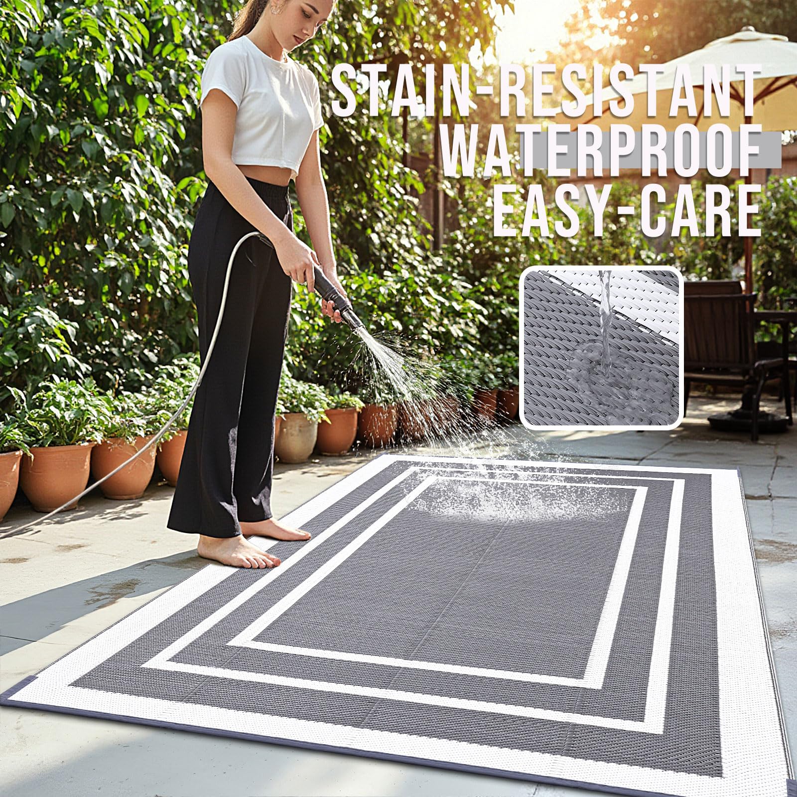 OLANLY Outdoor Rug 5x8 ft Waterproof, Reversible Outdoor Plastic Straw Rug, RV Mat, Indoor Outdoor Carpet Clearance for Patio, Camping, Balcony, Deck, Backyard, Grey & White