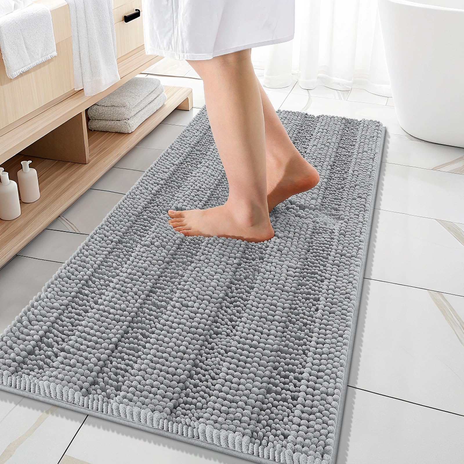 OLANLY Thick Bathroom Rugs 30x20, Extra Soft Absorbent Chenille Striped Bath Rugs, Rubber Backing, Machine Wash Dry, Bath Mats for Bathroom Floor, Tub and Shower, Home Decor Accessories, Grey