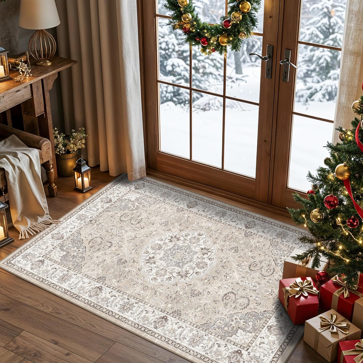 Washable 2x3 Entryway Area Rug - Neutral Kitchen Rug Runner Vintage Soft Floor Mat Non Slip Indoor Farmhouse Carpet for Bathroom Living Room Bedroom (2 X 3, Beige)