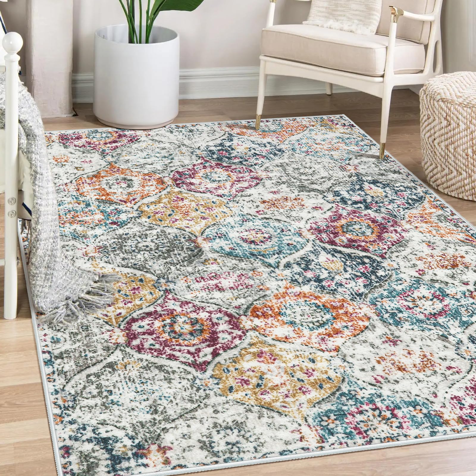 Lahome Moroccan Trellis Washable Rug, 2x3 Kitchen Rugs for Entryway Bathroom, Non-Slip Indoor Door Mat Ultra-Thin, Small Oriental Throw Carpet for Bedroom Entry Elise, Cream/Multi