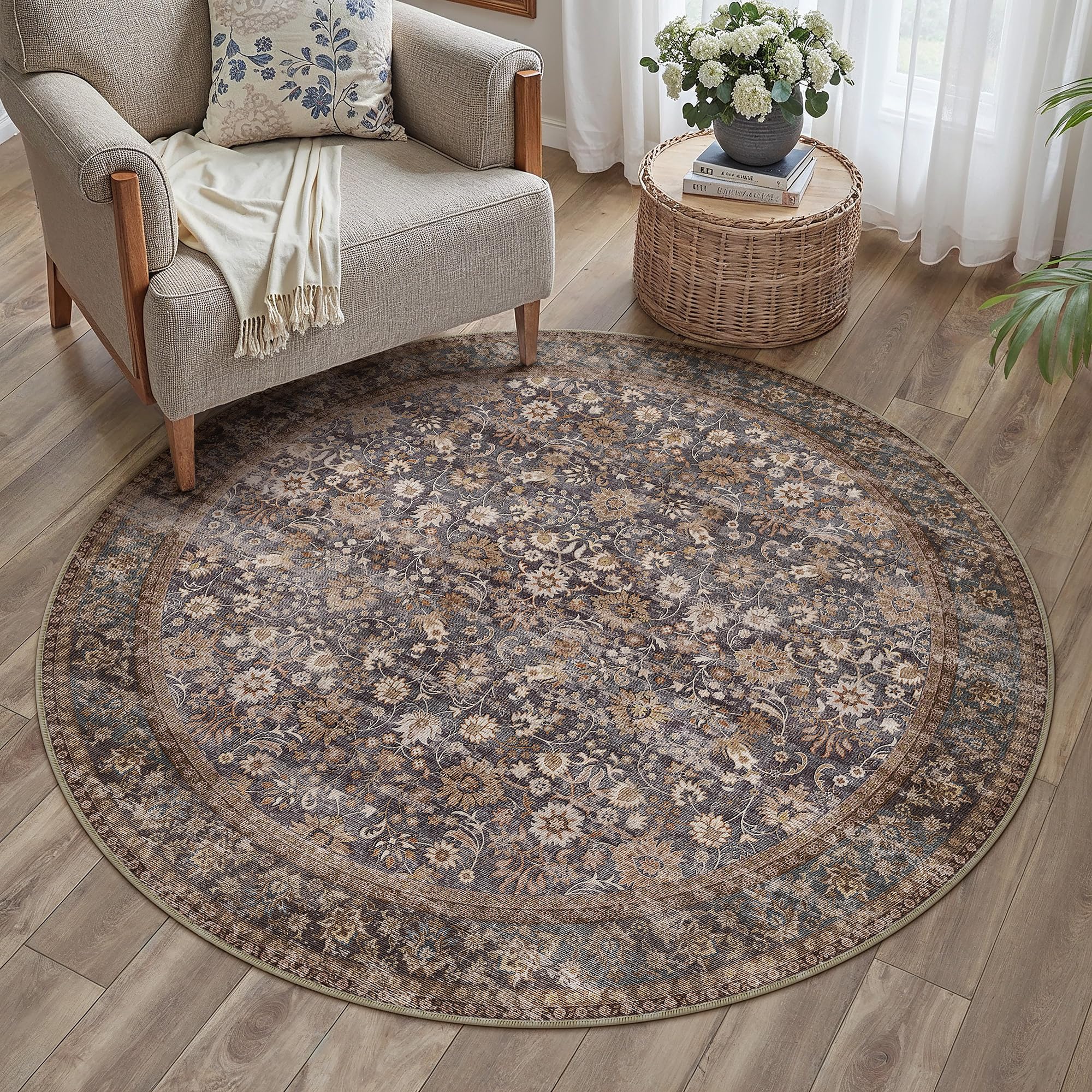 HUGEAR 5x7 Machine Washable Rugs Brown Hallway Area Rug Indoor Accent Rug Floral Low Pile Carpet Soft Throw Aesthetic Rug Bedroom Living Room Office Dining Room Kitchen Laundry Room Non Slip