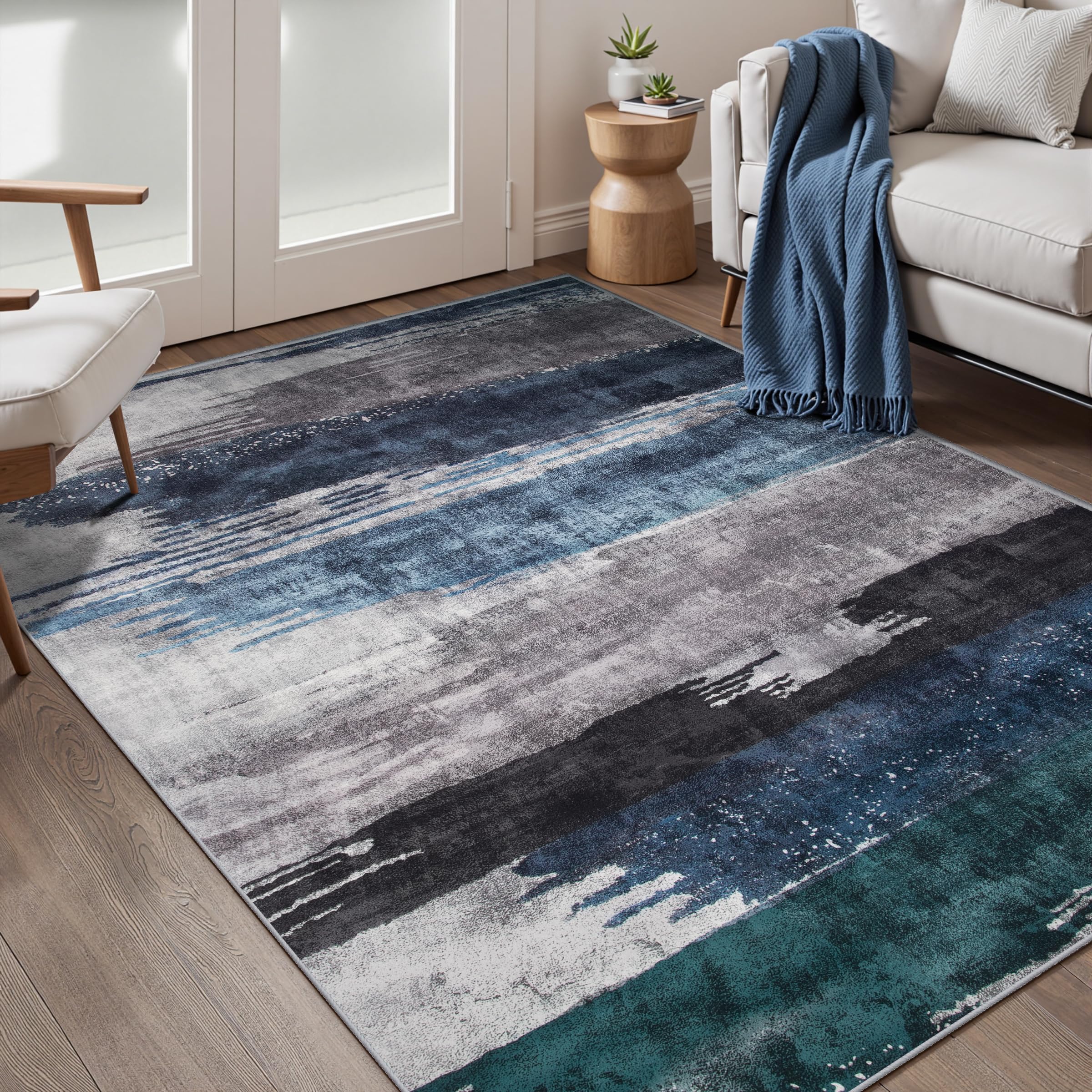 Ciicool Modern Abstract Area Rug 2x3 Washable Small Entryway Rug, Non-Slip Low Pile Throw Rug, Foldable Kitchen Bathroom Rugs, Blue Grey Floor Carpet for Entrance Living Room Bedroom Indoor Doormat