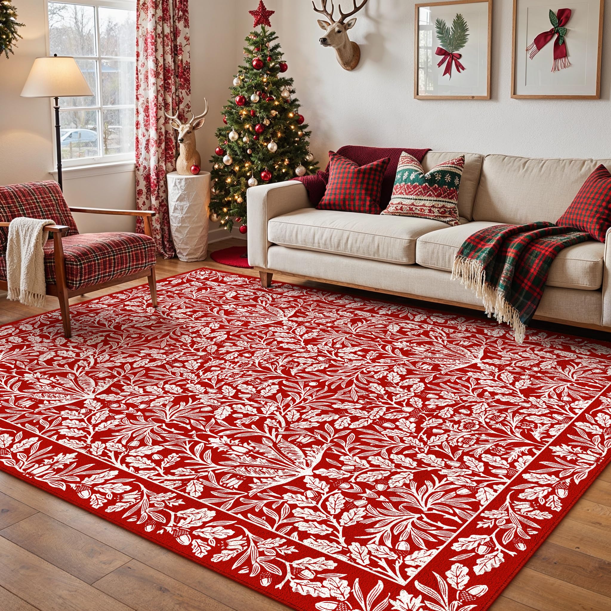 HUGEAR 5x7 Machine Washable Rugs Brown Hallway Area Rug Indoor Accent Rug Floral Low Pile Carpet Soft Throw Aesthetic Rug Bedroom Living Room Office Dining Room Kitchen Laundry Room Non Slip