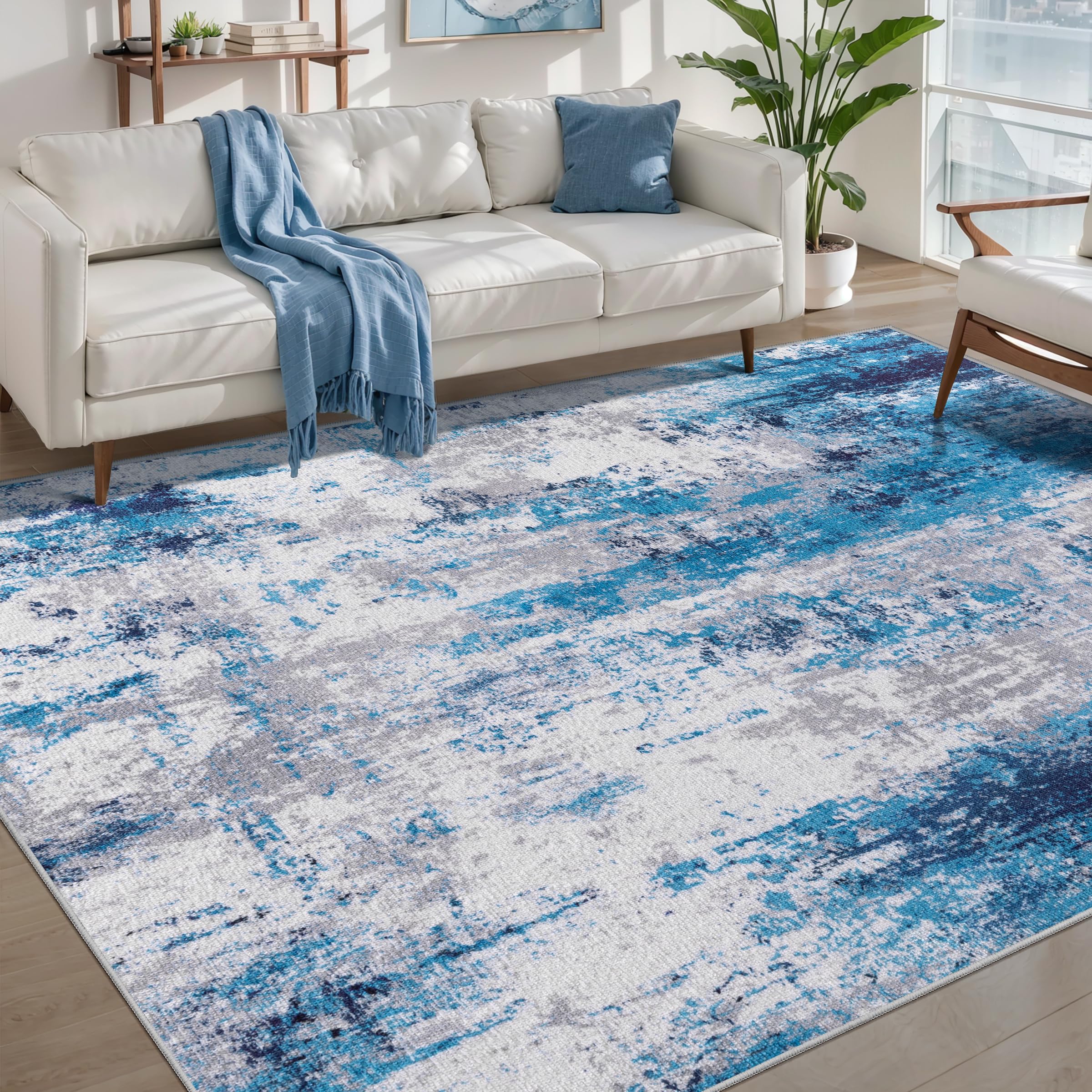 Ciicool Modern Abstract Area Rug 2x3 Washable Small Entryway Rug, Non-Slip Low Pile Throw Rug, Foldable Kitchen Bathroom Rugs, Blue Grey Floor Carpet for Entrance Living Room Bedroom Indoor Doormat