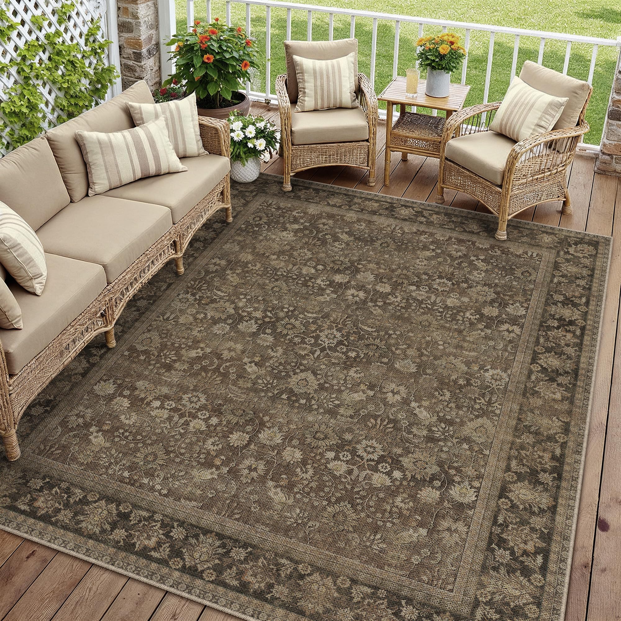 HUGEAR 5x7 Machine Washable Rugs Brown Hallway Area Rug Indoor Accent Rug Floral Low Pile Carpet Soft Throw Aesthetic Rug Bedroom Living Room Office Dining Room Kitchen Laundry Room Non Slip