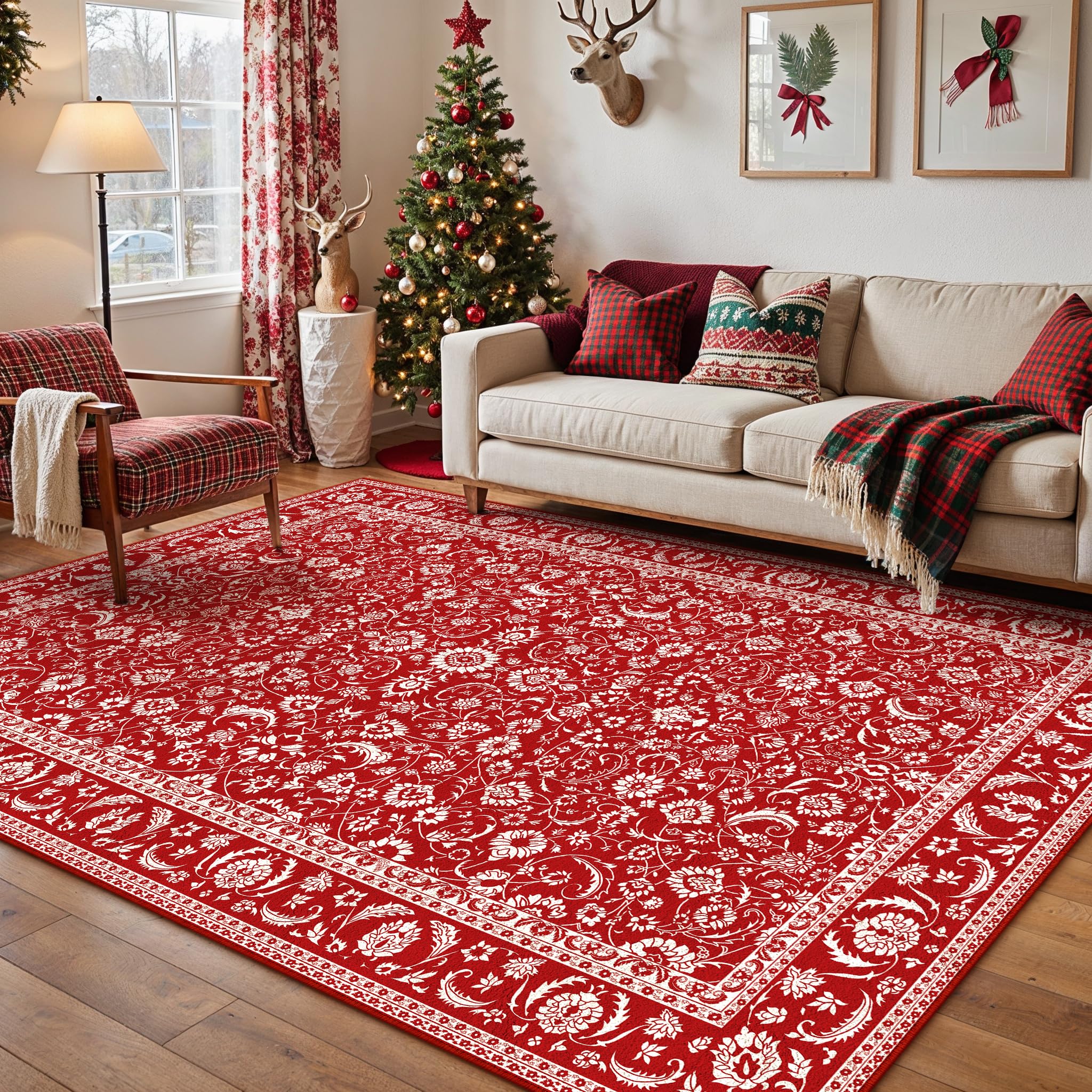 HUGEAR 5x7 Machine Washable Rugs Brown Hallway Area Rug Indoor Accent Rug Floral Low Pile Carpet Soft Throw Aesthetic Rug Bedroom Living Room Office Dining Room Kitchen Laundry Room Non Slip