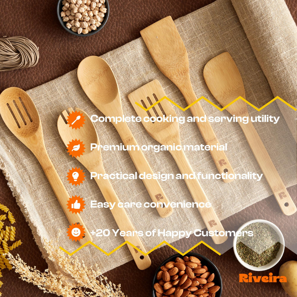Riveira Dark Bamboo Wooden Spoons for Cooking 6-Piece, Apartment Essentials Wood Spatula Spoon Nonstick Kitchen Utensil Set Premium Quality Housewarming Gifts for Everyday Use