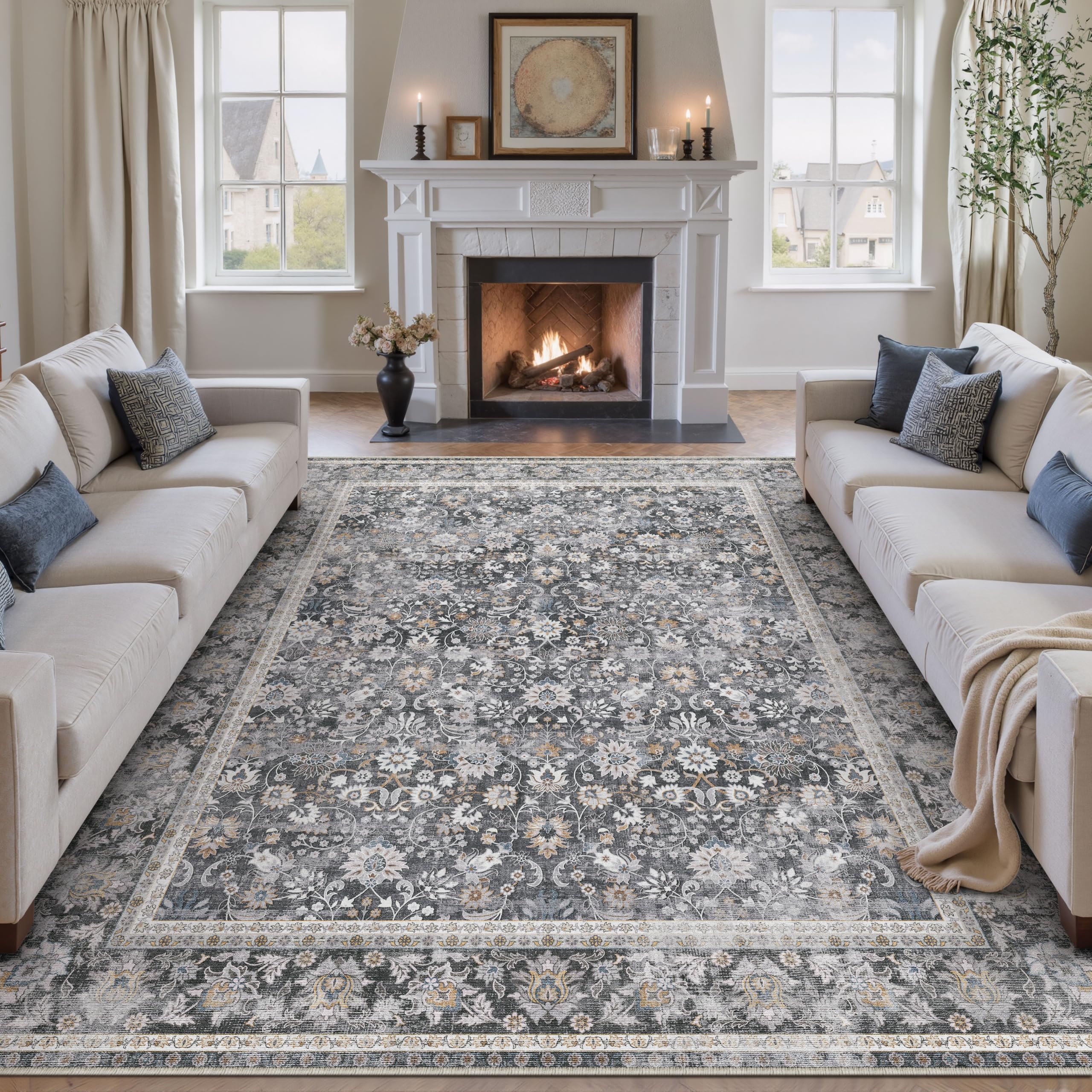 HUGEAR 5x7 Machine Washable Rugs Brown Hallway Area Rug Indoor Accent Rug Floral Low Pile Carpet Soft Throw Aesthetic Rug Bedroom Living Room Office Dining Room Kitchen Laundry Room Non Slip