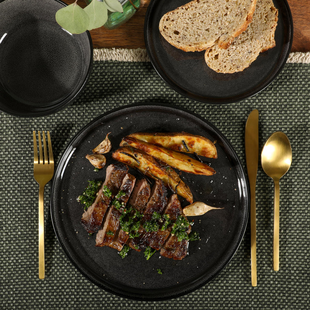 Gibson Elite Soho Lounge Square 16-Piece Dinnerware Set, Service for 4, Reactive Glaze Stoneware Plates and Bowls, Modern Dishes, Microwave & Dishwasher Safe – Red and Black
