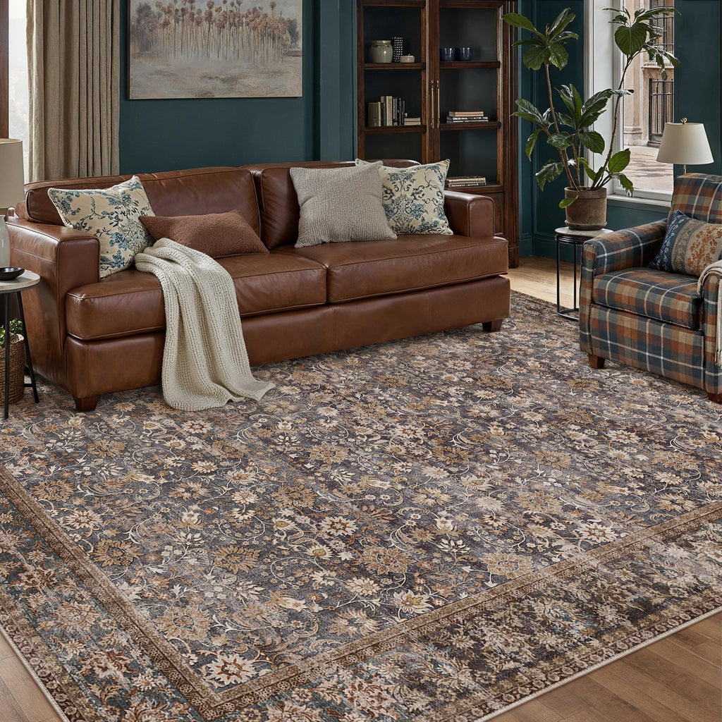 HUGEAR 5x7 Machine Washable Rugs Brown Hallway Area Rug Indoor Accent Rug Floral Low Pile Carpet Soft Throw Aesthetic Rug Bedroom Living Room Office Dining Room Kitchen Laundry Room Non Slip