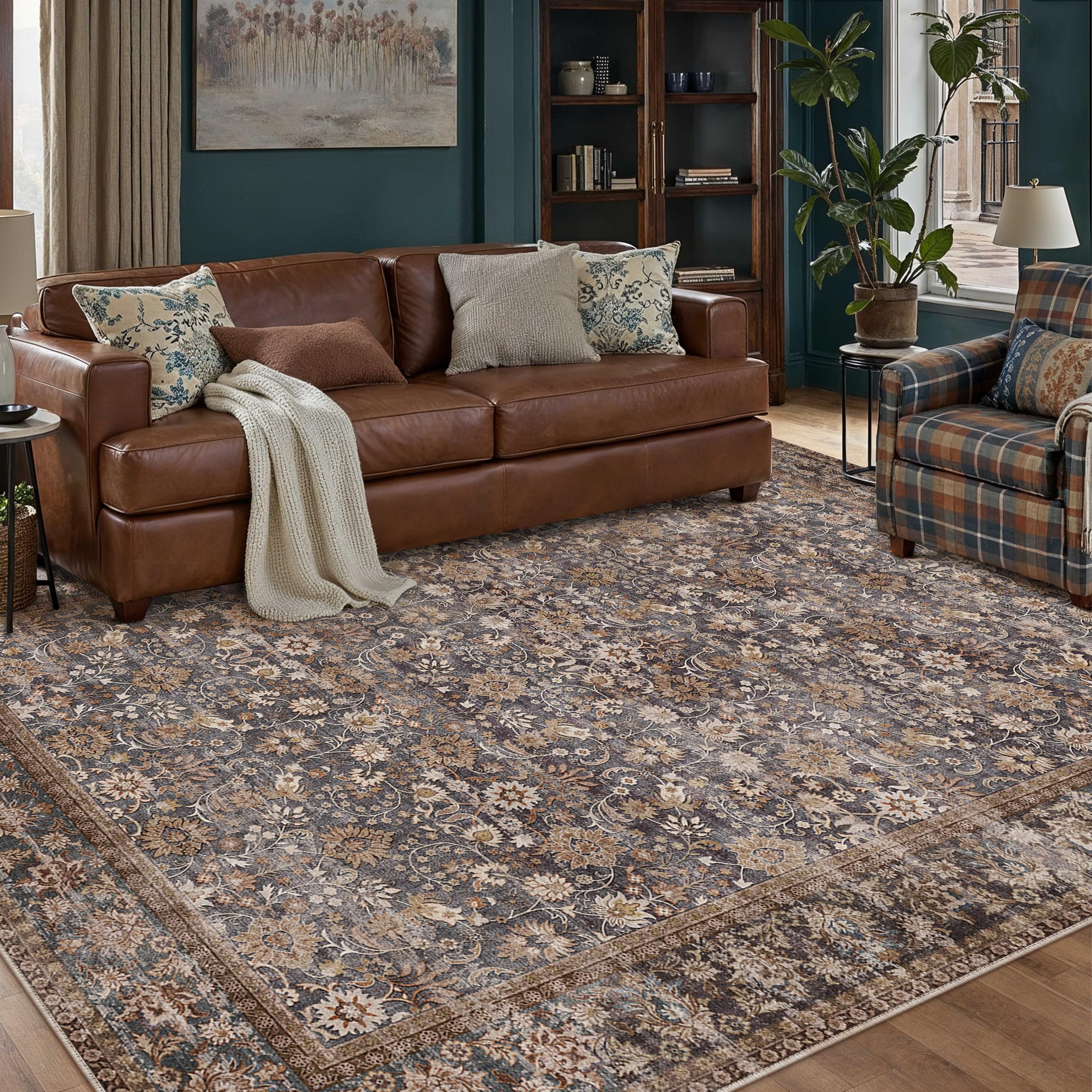 HUGEAR 5x7 Machine Washable Rugs Brown Hallway Area Rug Indoor Accent Rug Floral Low Pile Carpet Soft Throw Aesthetic Rug Bedroom Living Room Office Dining Room Kitchen Laundry Room Non Slip