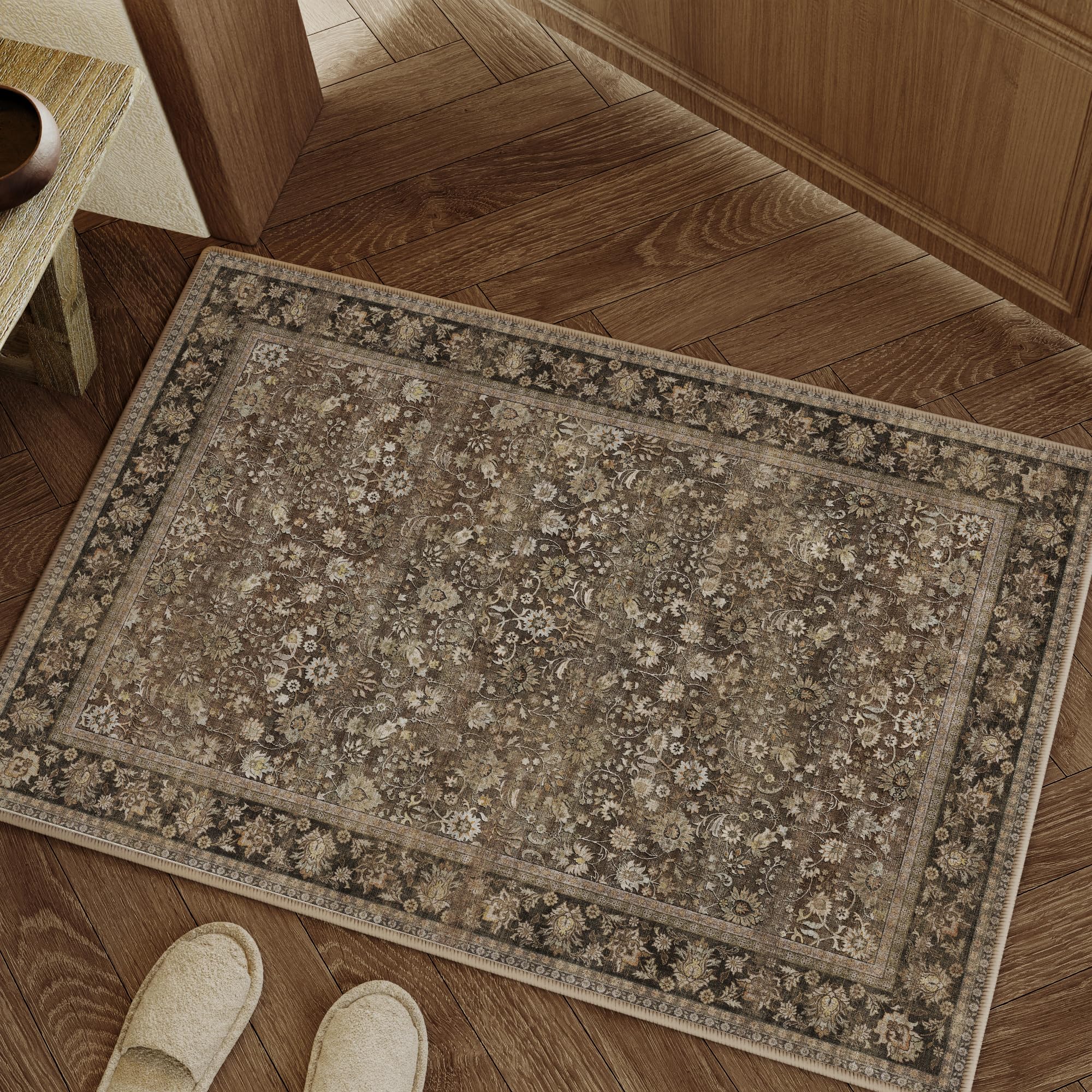 HUGEAR 5x7 Machine Washable Rugs Brown Hallway Area Rug Indoor Accent Rug Floral Low Pile Carpet Soft Throw Aesthetic Rug Bedroom Living Room Office Dining Room Kitchen Laundry Room Non Slip