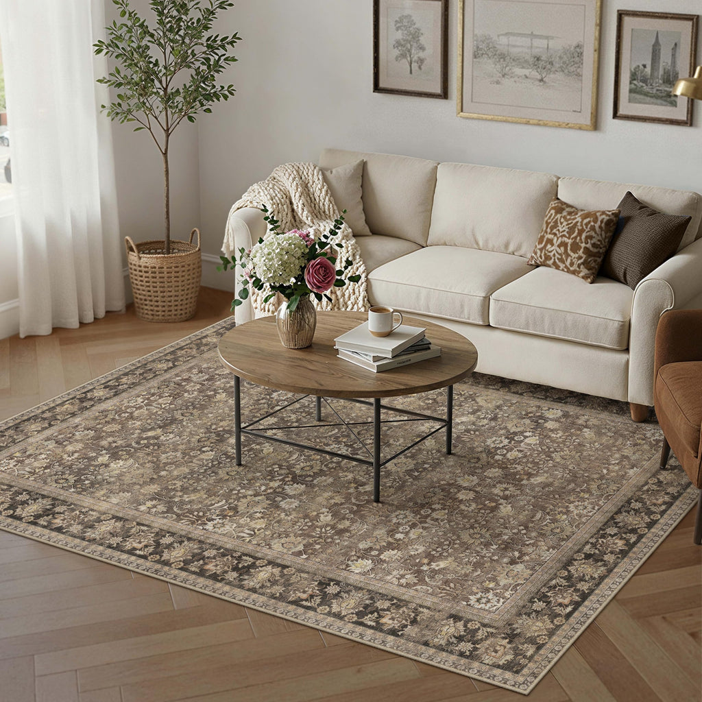 HUGEAR 5x7 Machine Washable Rugs Brown Hallway Area Rug Indoor Accent Rug Floral Low Pile Carpet Soft Throw Aesthetic Rug Bedroom Living Room Office Dining Room Kitchen Laundry Room Non Slip