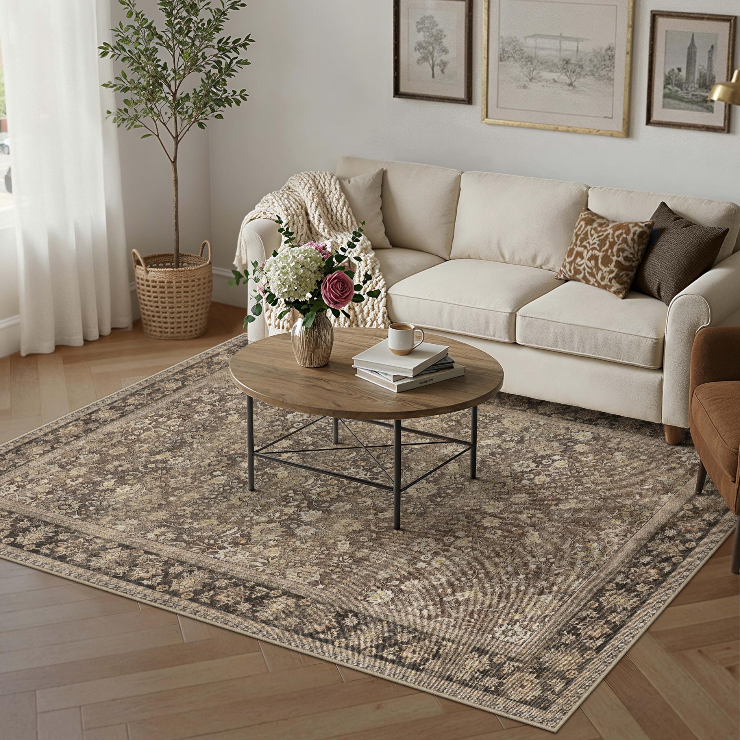 HUGEAR 5x7 Machine Washable Rugs Brown Hallway Area Rug Indoor Accent Rug Floral Low Pile Carpet Soft Throw Aesthetic Rug Bedroom Living Room Office Dining Room Kitchen Laundry Room Non Slip