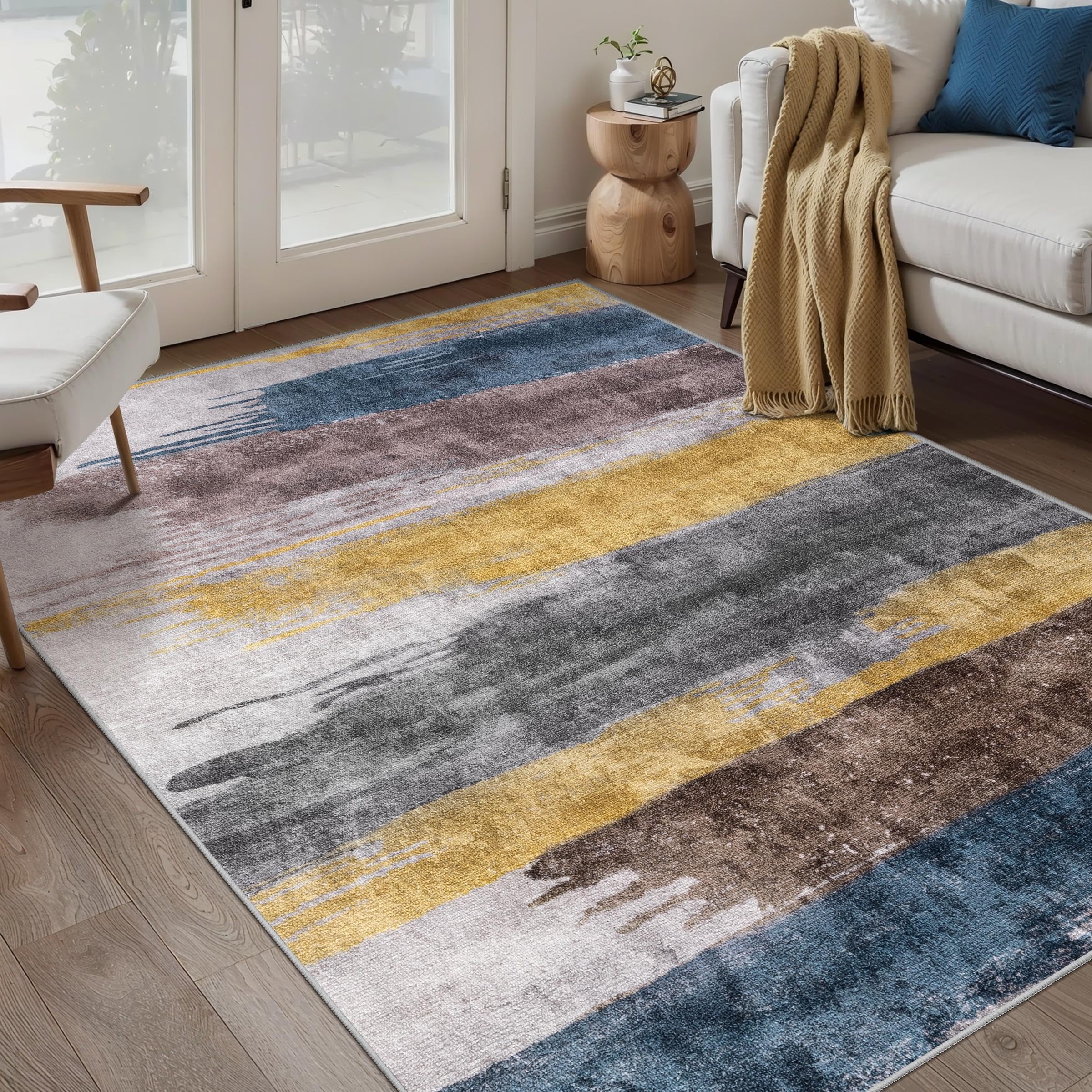 Ciicool Modern Abstract Area Rug 2x3 Washable Small Entryway Rug, Non-Slip Low Pile Throw Rug, Foldable Kitchen Bathroom Rugs, Blue Grey Floor Carpet for Entrance Living Room Bedroom Indoor Doormat