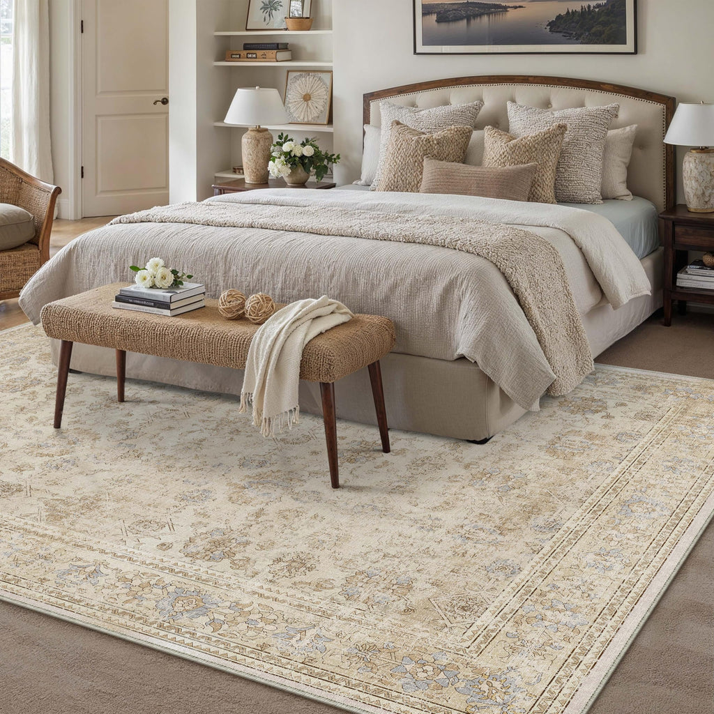HUGEAR 5x7 Machine Washable Rugs Brown Hallway Area Rug Indoor Accent Rug Floral Low Pile Carpet Soft Throw Aesthetic Rug Bedroom Living Room Office Dining Room Kitchen Laundry Room Non Slip