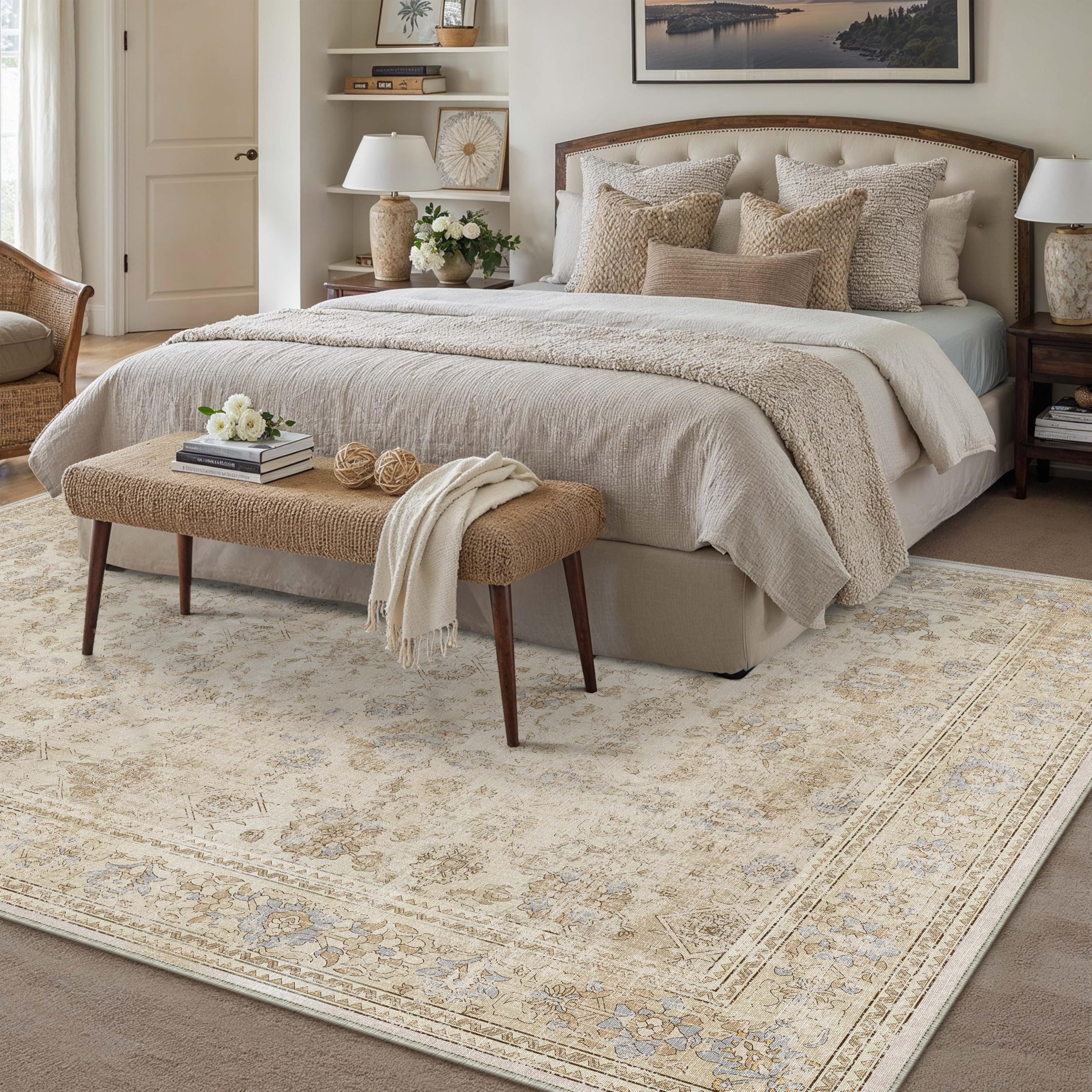 HUGEAR 5x7 Machine Washable Rugs Brown Hallway Area Rug Indoor Accent Rug Floral Low Pile Carpet Soft Throw Aesthetic Rug Bedroom Living Room Office Dining Room Kitchen Laundry Room Non Slip