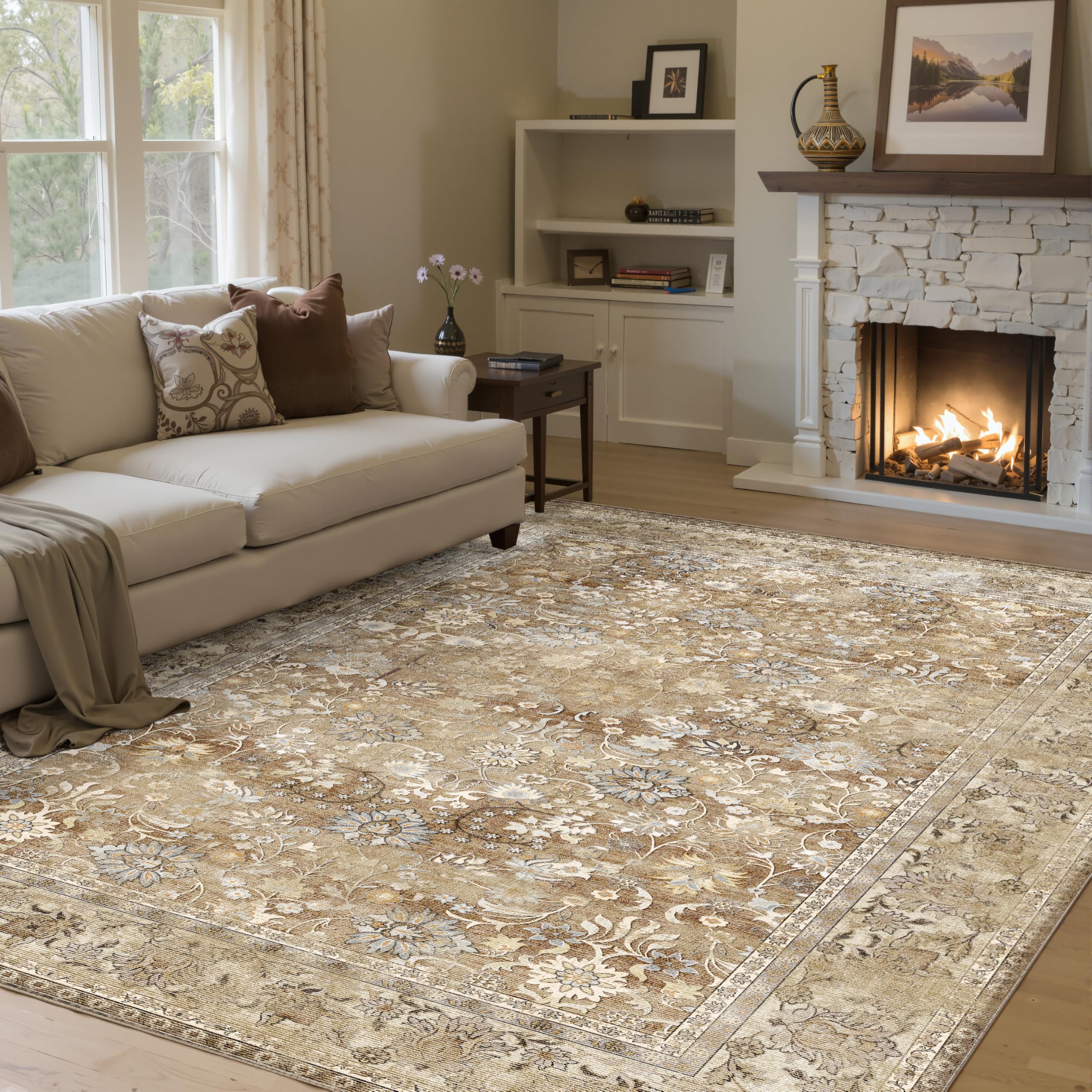HUGEAR 5x7 Machine Washable Rugs Brown Hallway Area Rug Indoor Accent Rug Floral Low Pile Carpet Soft Throw Aesthetic Rug Bedroom Living Room Office Dining Room Kitchen Laundry Room Non Slip