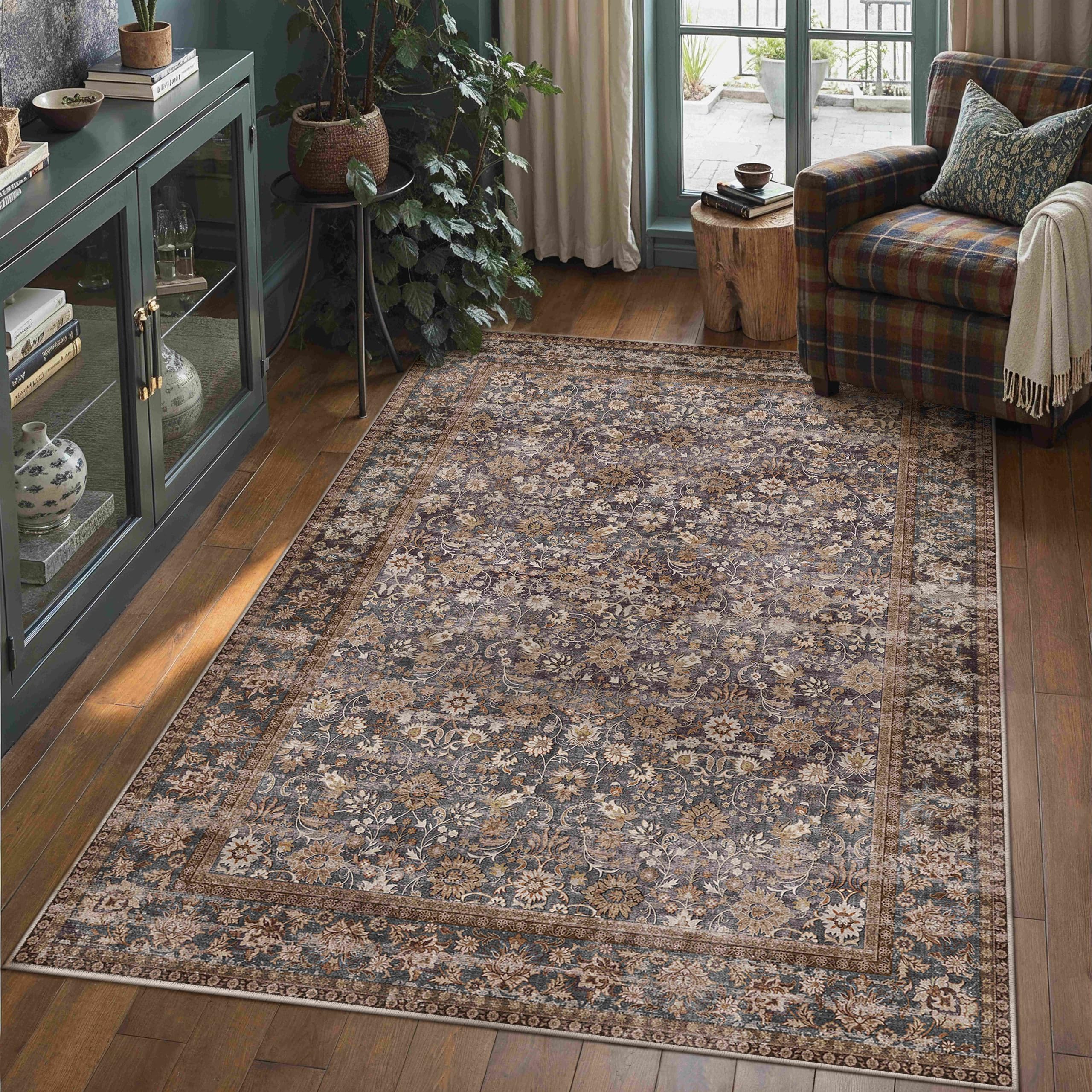 HUGEAR 5x7 Machine Washable Rugs Brown Hallway Area Rug Indoor Accent Rug Floral Low Pile Carpet Soft Throw Aesthetic Rug Bedroom Living Room Office Dining Room Kitchen Laundry Room Non Slip