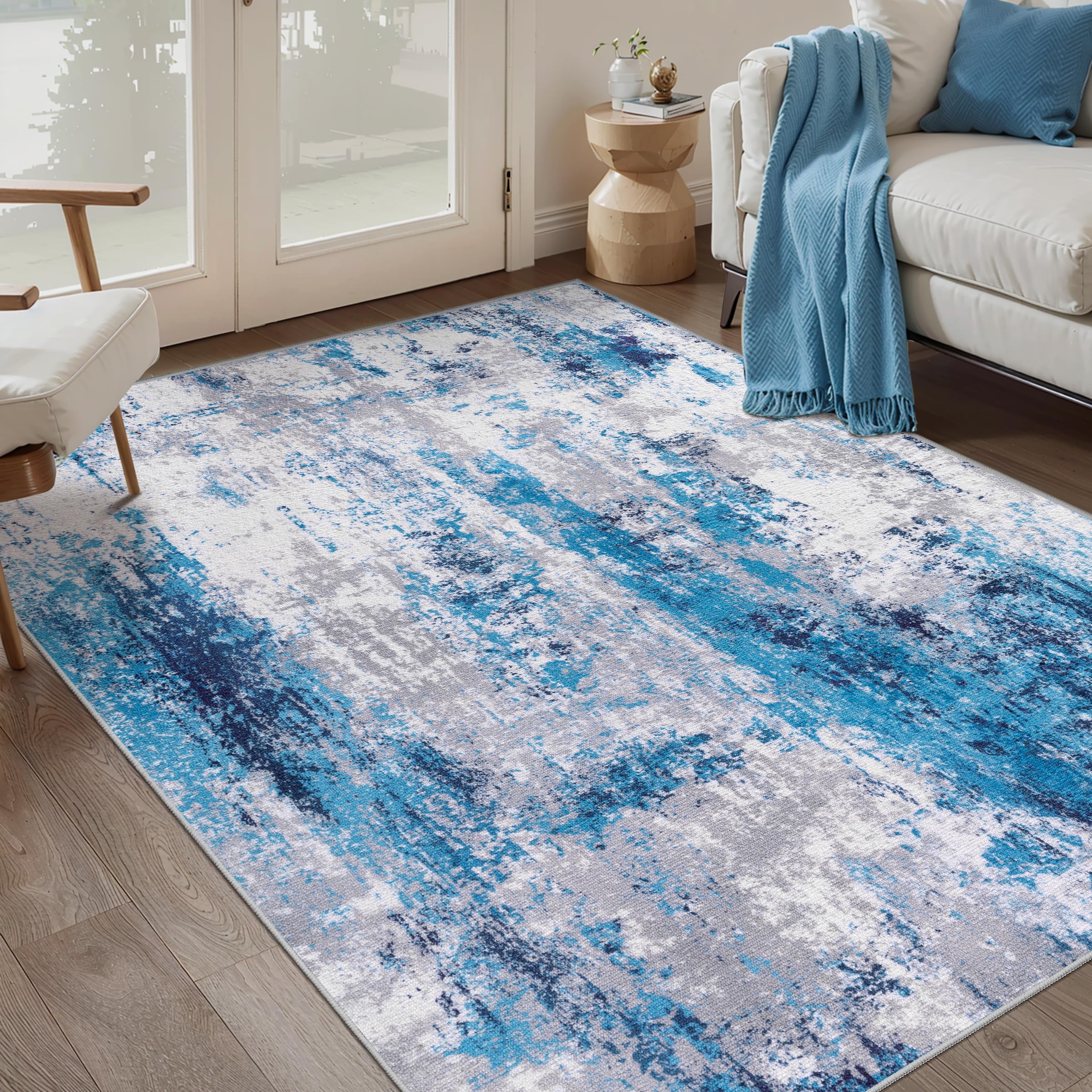 Ciicool Modern Abstract Area Rug 2x3 Washable Small Entryway Rug, Non-Slip Low Pile Throw Rug, Foldable Kitchen Bathroom Rugs, Blue Grey Floor Carpet for Entrance Living Room Bedroom Indoor Doormat