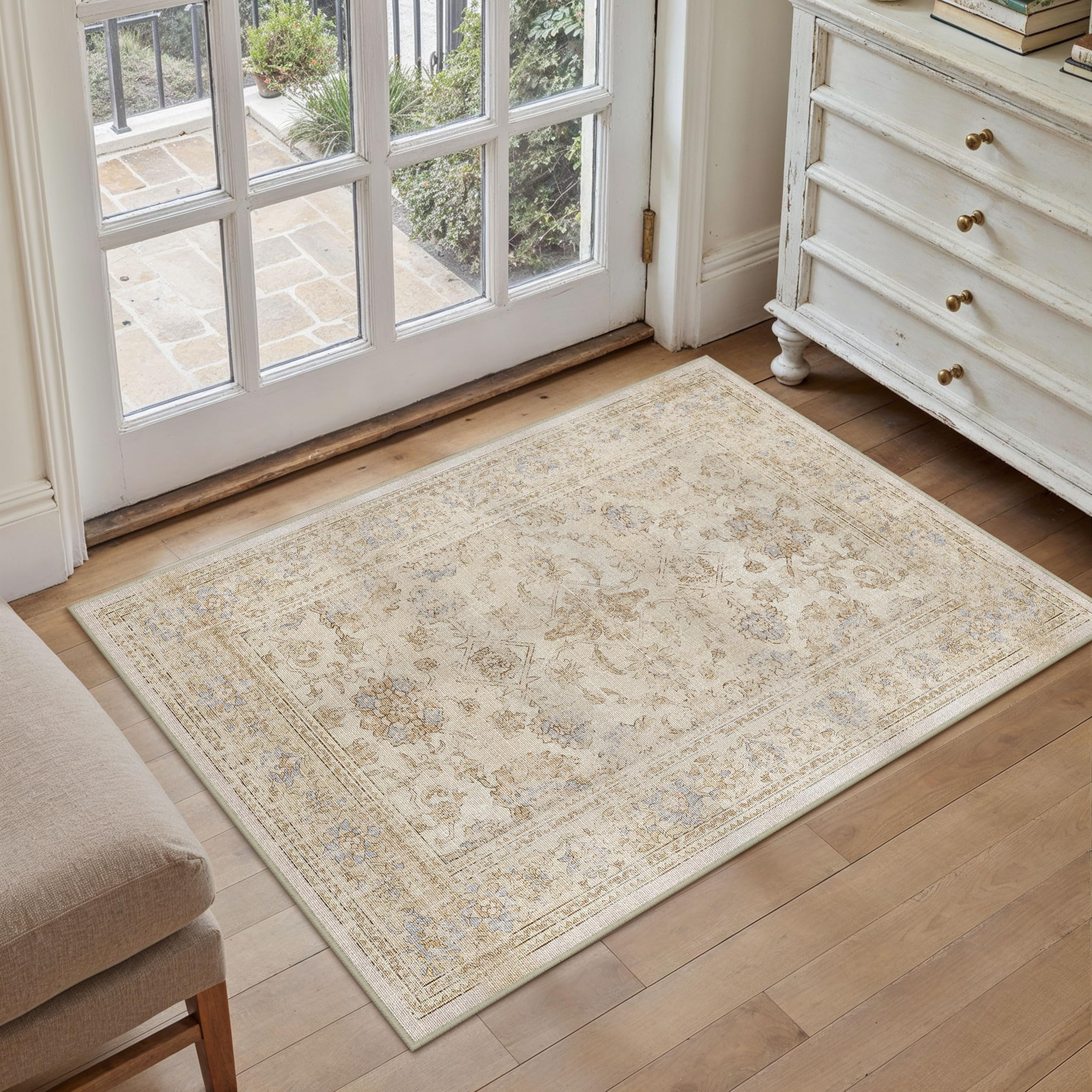 HUGEAR 5x7 Machine Washable Rugs Brown Hallway Area Rug Indoor Accent Rug Floral Low Pile Carpet Soft Throw Aesthetic Rug Bedroom Living Room Office Dining Room Kitchen Laundry Room Non Slip