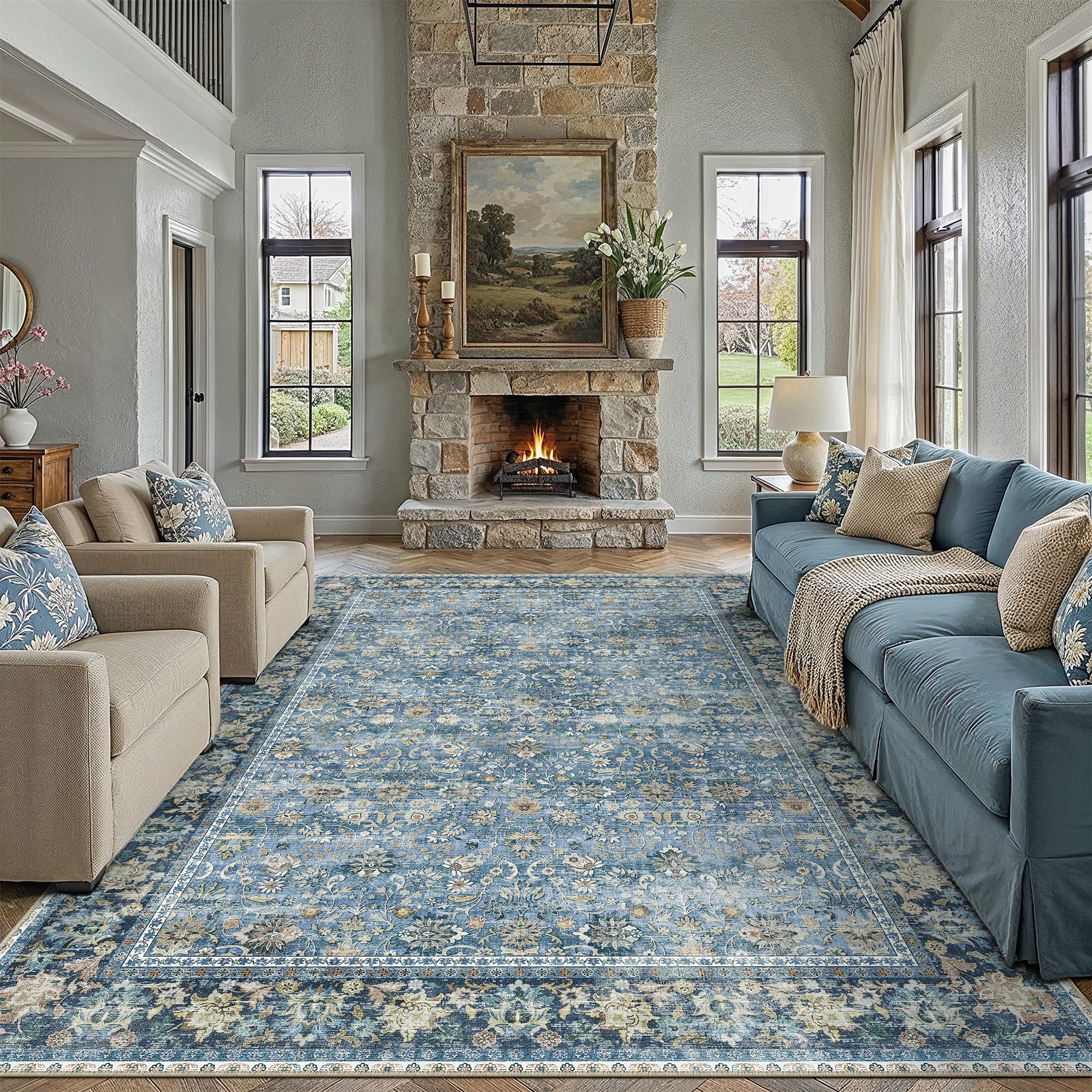 HUGEAR 5x7 Machine Washable Rugs Brown Hallway Area Rug Indoor Accent Rug Floral Low Pile Carpet Soft Throw Aesthetic Rug Bedroom Living Room Office Dining Room Kitchen Laundry Room Non Slip