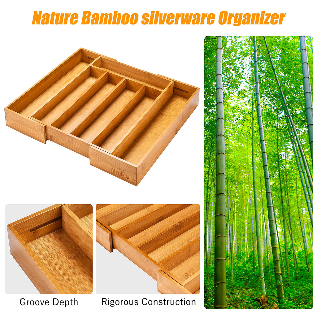 Bellsal Silverware Organizer Kitchen Drawer Organizer Expandable Bamboo Utensil Holder Cutlery Tray for Kitchen Utensil and Flatware Bedroom Office