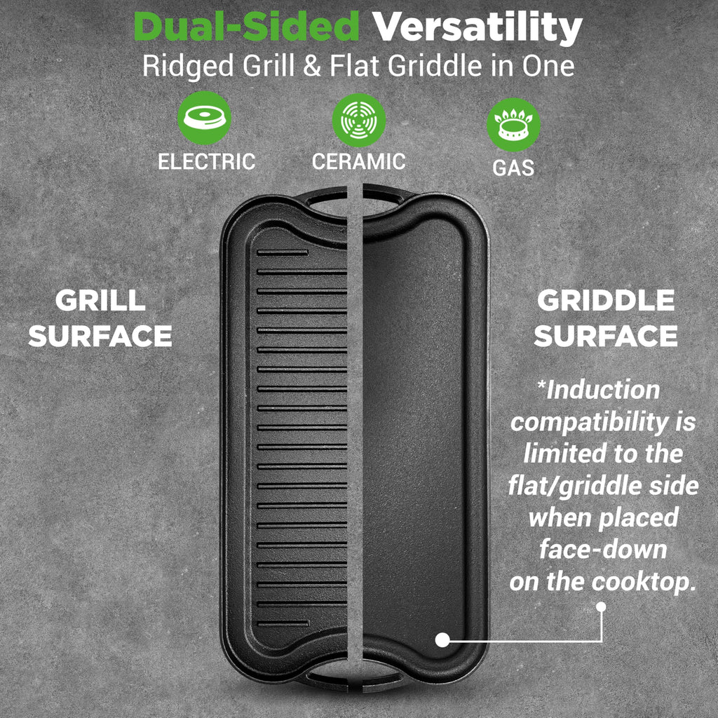 NutriChef Cast Iron Reversible Griddle 18x10 Inch – Pre-Seasoned Flat Top & Ridged Grill Side, Stove Top Griddle for Gas Grill, Outdoor & Indoor Cooking
