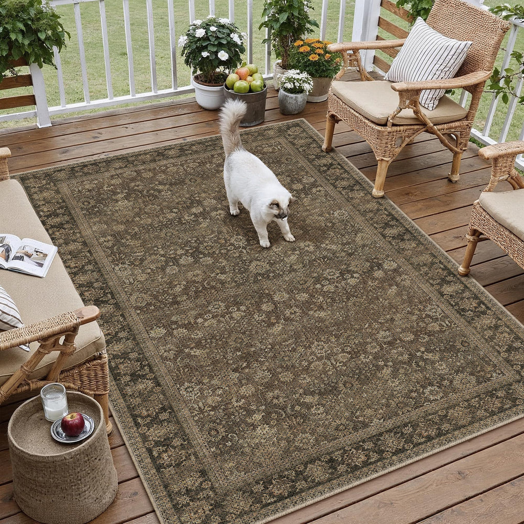 HUGEAR 5x7 Machine Washable Rugs Brown Hallway Area Rug Indoor Accent Rug Floral Low Pile Carpet Soft Throw Aesthetic Rug Bedroom Living Room Office Dining Room Kitchen Laundry Room Non Slip