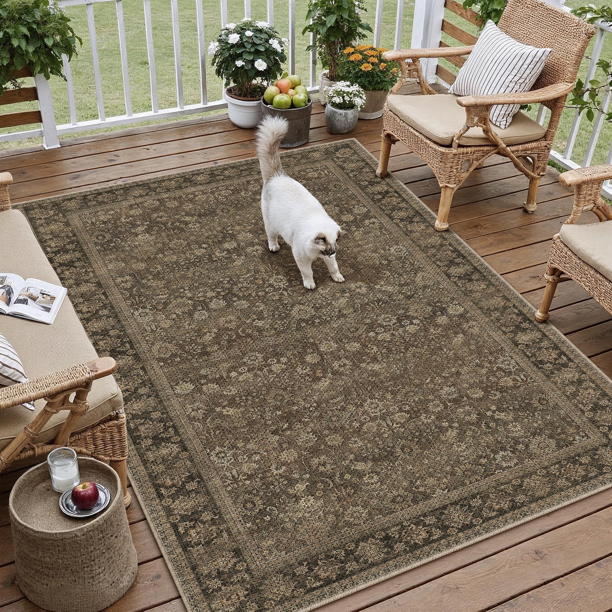 HUGEAR 5x7 Machine Washable Rugs Brown Hallway Area Rug Indoor Accent Rug Floral Low Pile Carpet Soft Throw Aesthetic Rug Bedroom Living Room Office Dining Room Kitchen Laundry Room Non Slip
