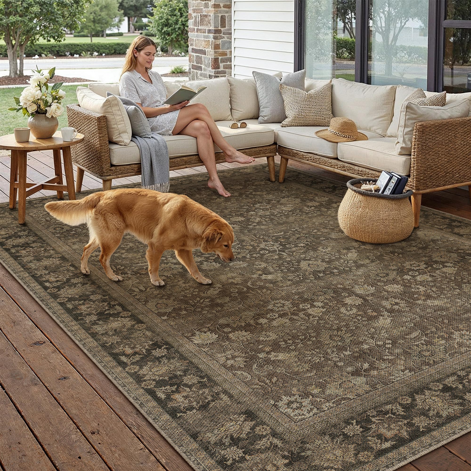 HUGEAR 5x7 Machine Washable Rugs Brown Hallway Area Rug Indoor Accent Rug Floral Low Pile Carpet Soft Throw Aesthetic Rug Bedroom Living Room Office Dining Room Kitchen Laundry Room Non Slip