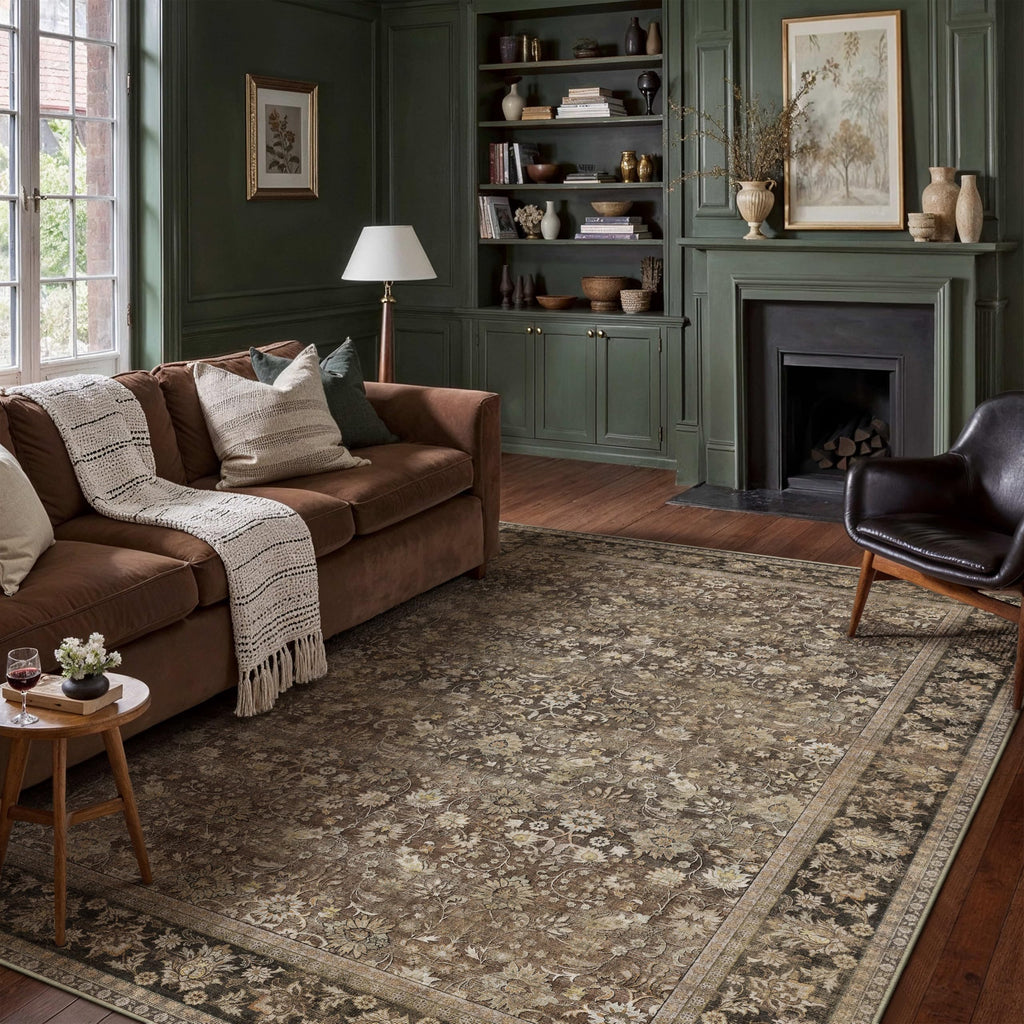 HUGEAR 5x7 Machine Washable Rugs Brown Hallway Area Rug Indoor Accent Rug Floral Low Pile Carpet Soft Throw Aesthetic Rug Bedroom Living Room Office Dining Room Kitchen Laundry Room Non Slip