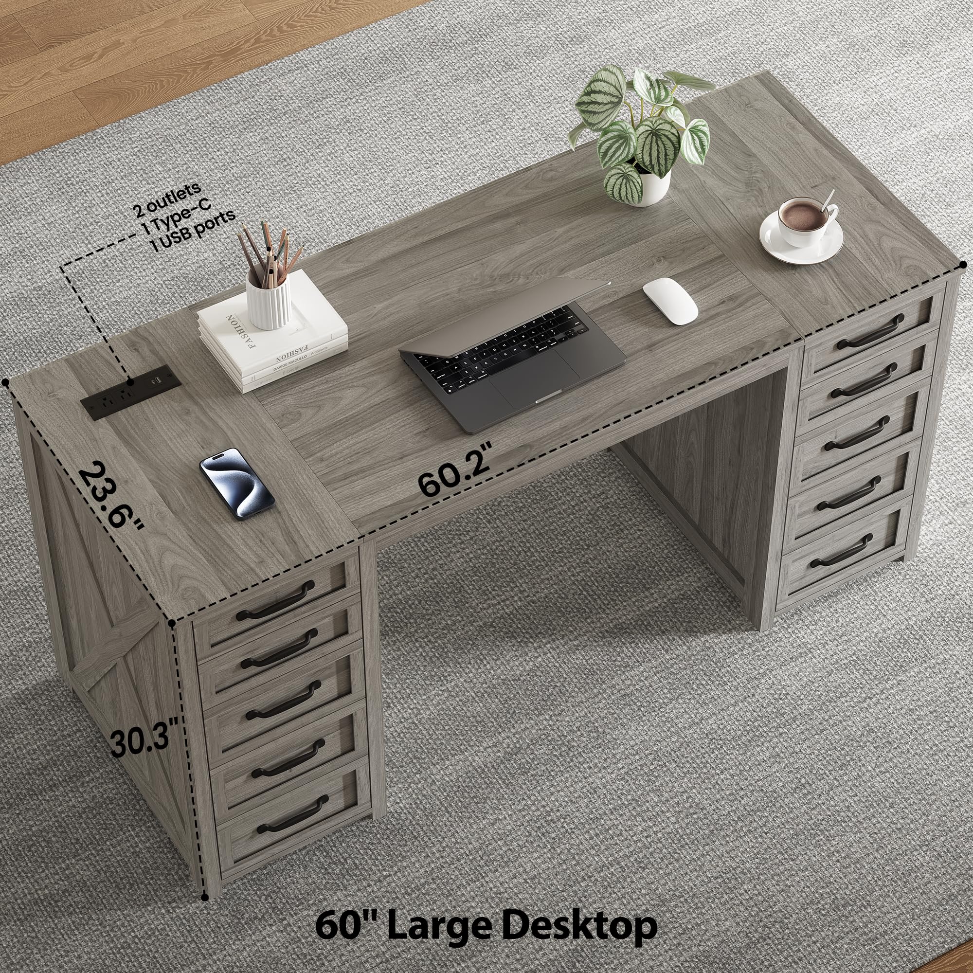 WOPITUES 60" Boho Home Office Desk with 10 Wooden Drawers, Rattan Computer Writing Desk with Power Outlets, Large Executive Desk with Storage Cabinet for Work Study Writing Craft, Black & Brown