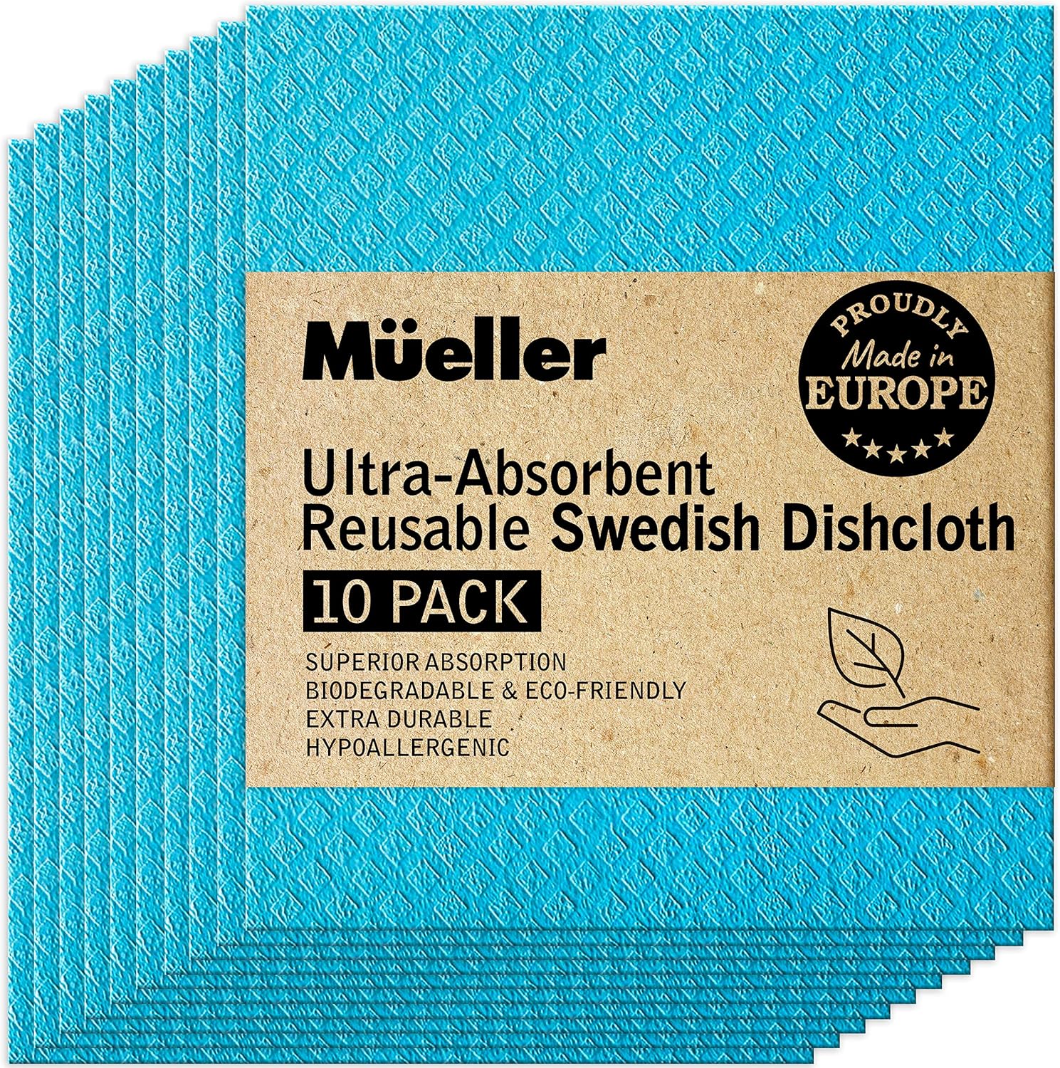Mueller Swedish Dish Cloths, 10 Pack Reusable Hand Towels for Kitchen, Counters & Washing Dishes, Extra Durable, Ultra-Absorbent, Cellulose Sponge, Eco Friendly and Hypoallergenic, Gifts, Blue