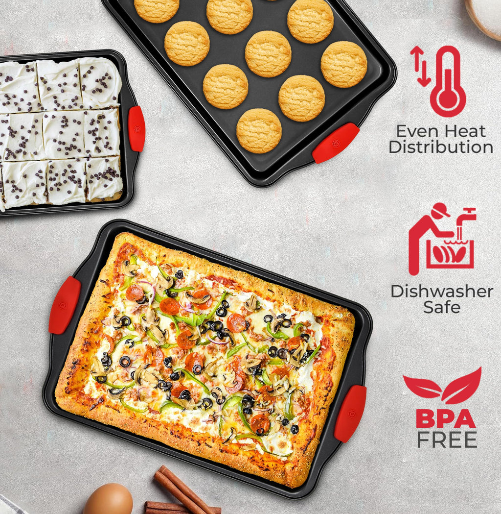 PERLLI Non-Stick 6-Piece Baking Pan Set, BPA-Free Carbon Steel Bakeware Set with Silicone Handles, Stackable Kitchen Oven Set, Cookie Sheet, Baking Tray, Baking Sheet Set, Oven Safe (446°F)