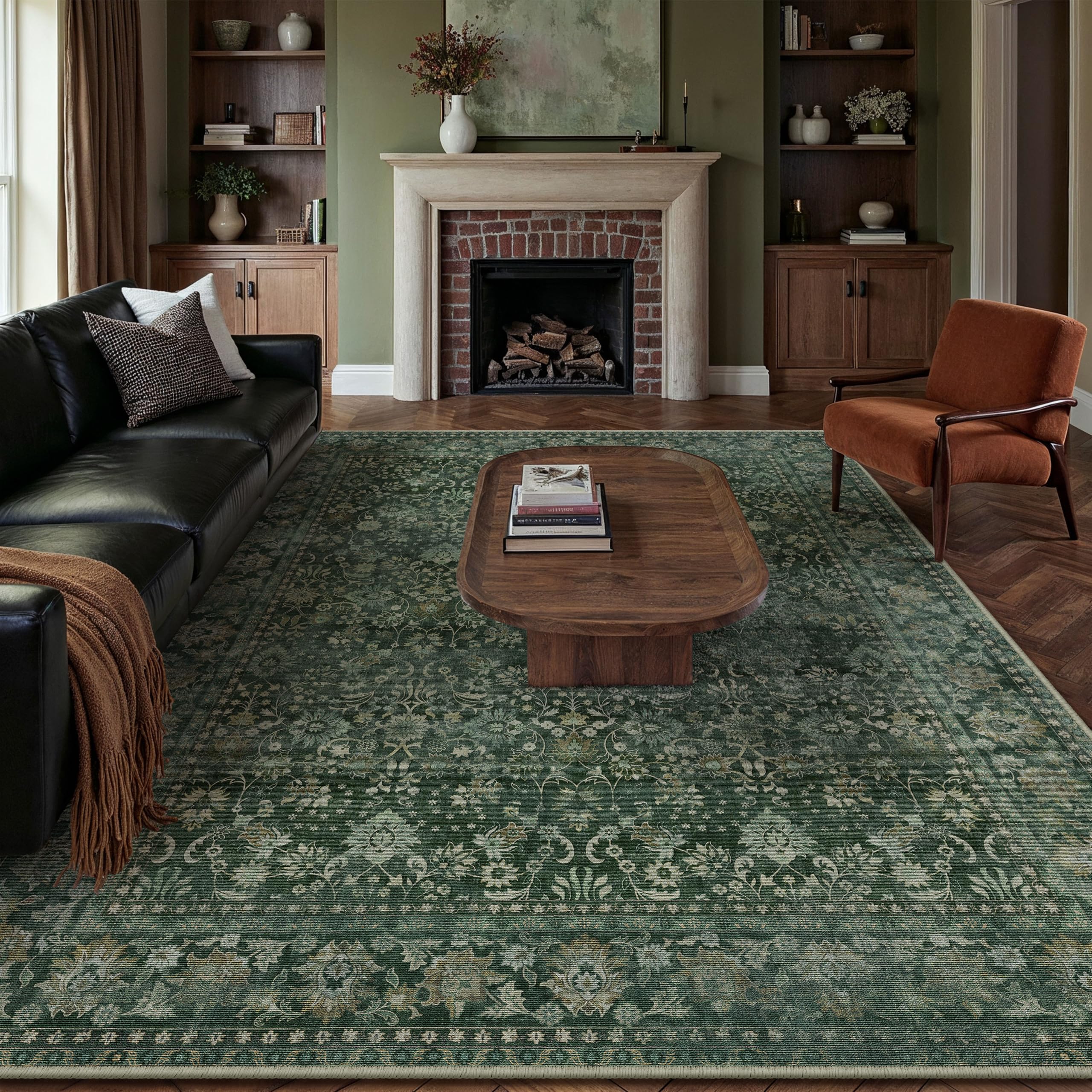 HUGEAR 5x7 Machine Washable Rugs Brown Hallway Area Rug Indoor Accent Rug Floral Low Pile Carpet Soft Throw Aesthetic Rug Bedroom Living Room Office Dining Room Kitchen Laundry Room Non Slip