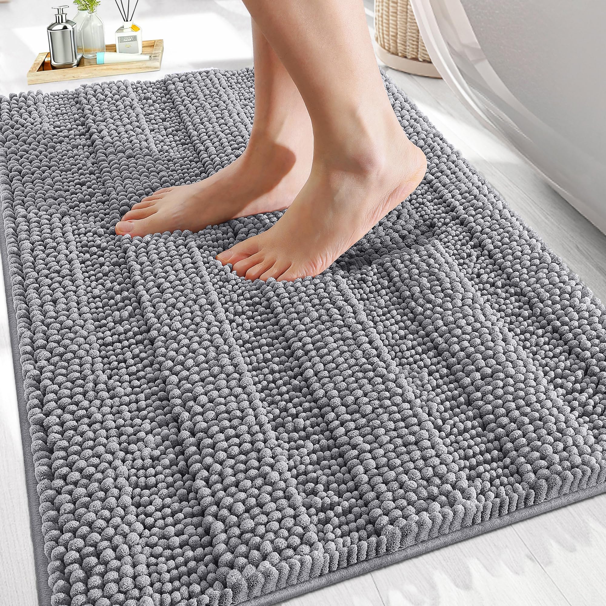 OLANLY Thick Bathroom Rugs 30x20, Extra Soft Absorbent Chenille Striped Bath Rugs, Rubber Backing, Machine Wash Dry, Bath Mats for Bathroom Floor, Tub and Shower, Home Decor Accessories, Grey
