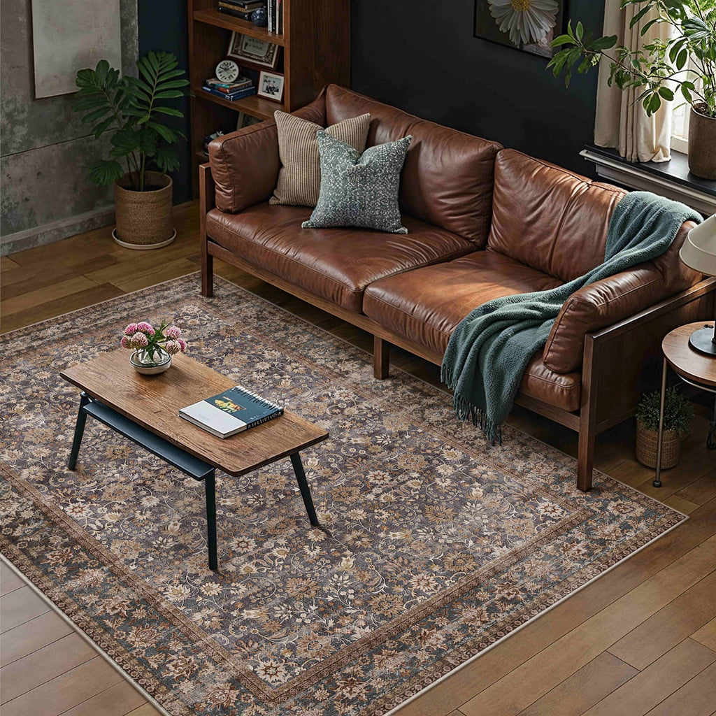 HUGEAR 5x7 Machine Washable Rugs Brown Hallway Area Rug Indoor Accent Rug Floral Low Pile Carpet Soft Throw Aesthetic Rug Bedroom Living Room Office Dining Room Kitchen Laundry Room Non Slip